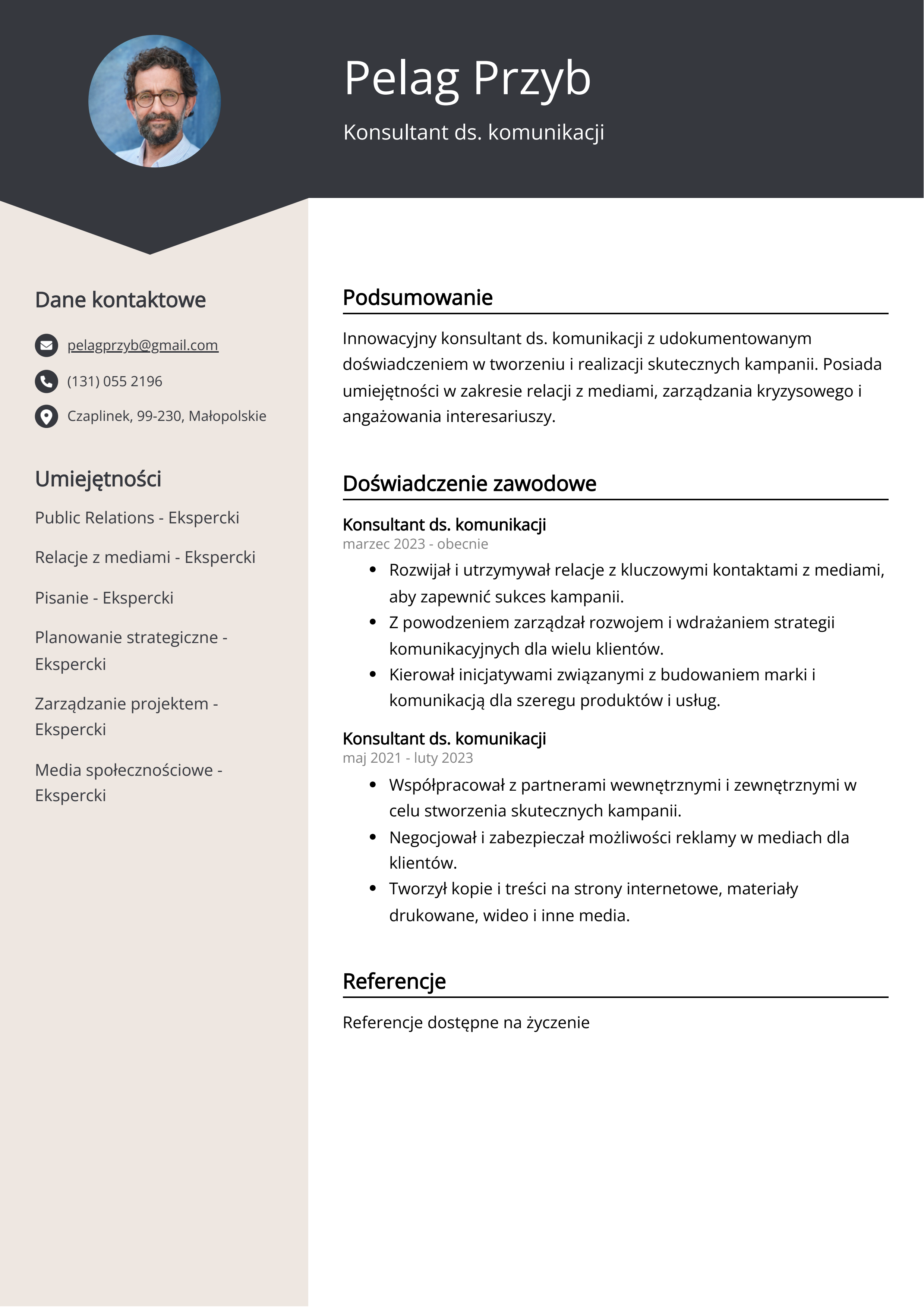 Konsultant ds. komunikacji Przykład CV