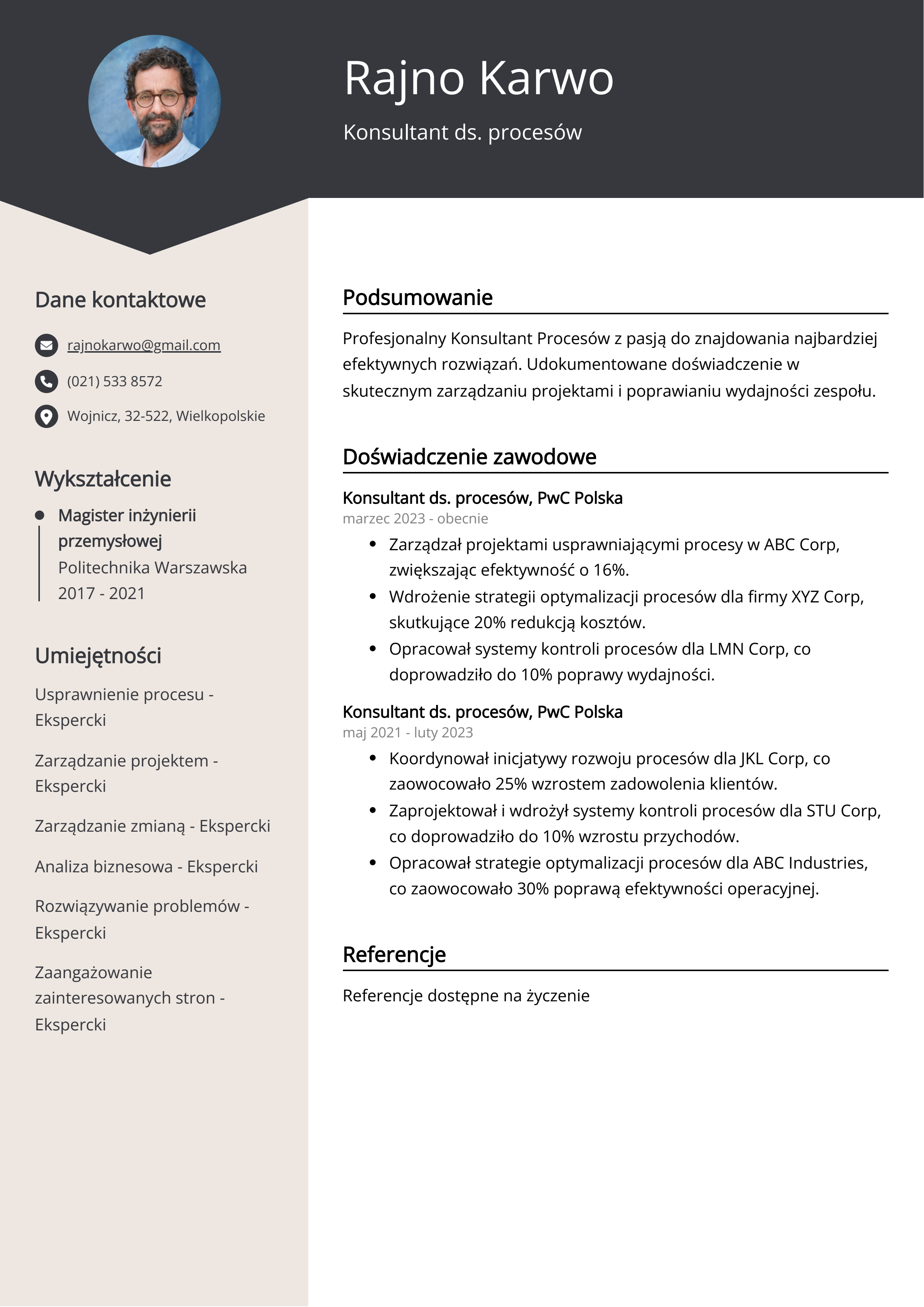 Konsultant ds. procesów Przykład CV