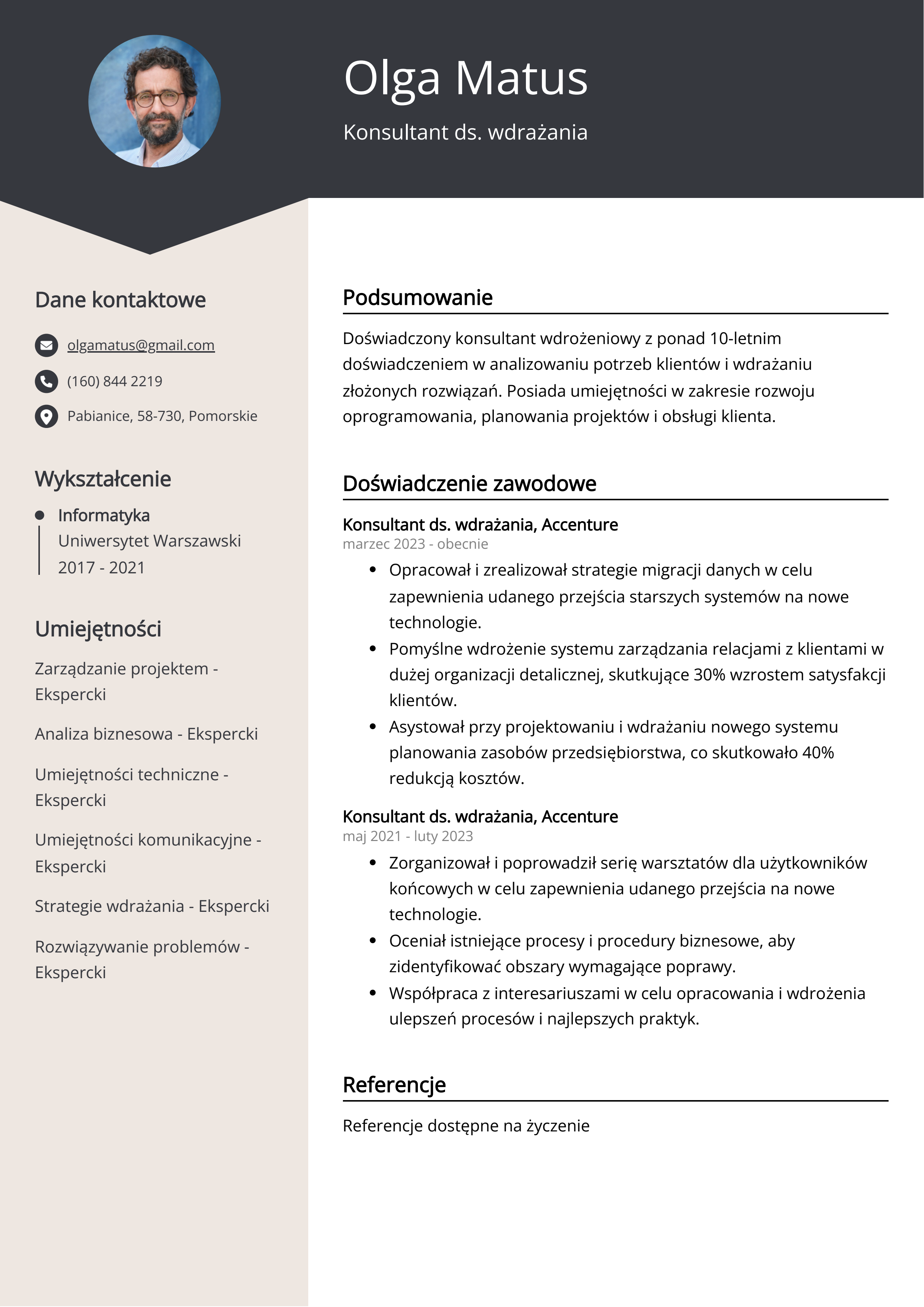 Konsultant ds. wdrażania Przykład CV