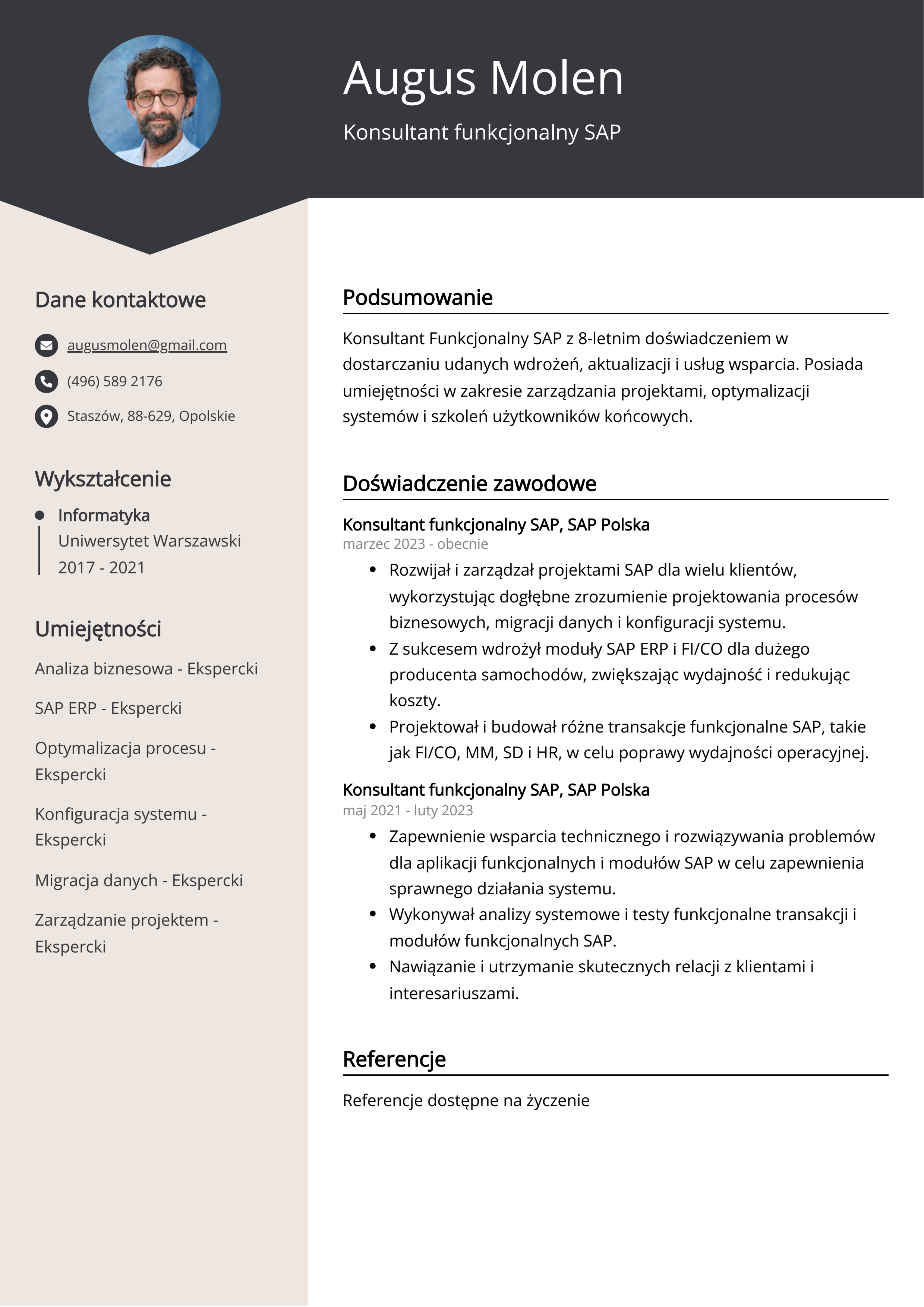 Konsultant funkcjonalny SAP Przykład CV