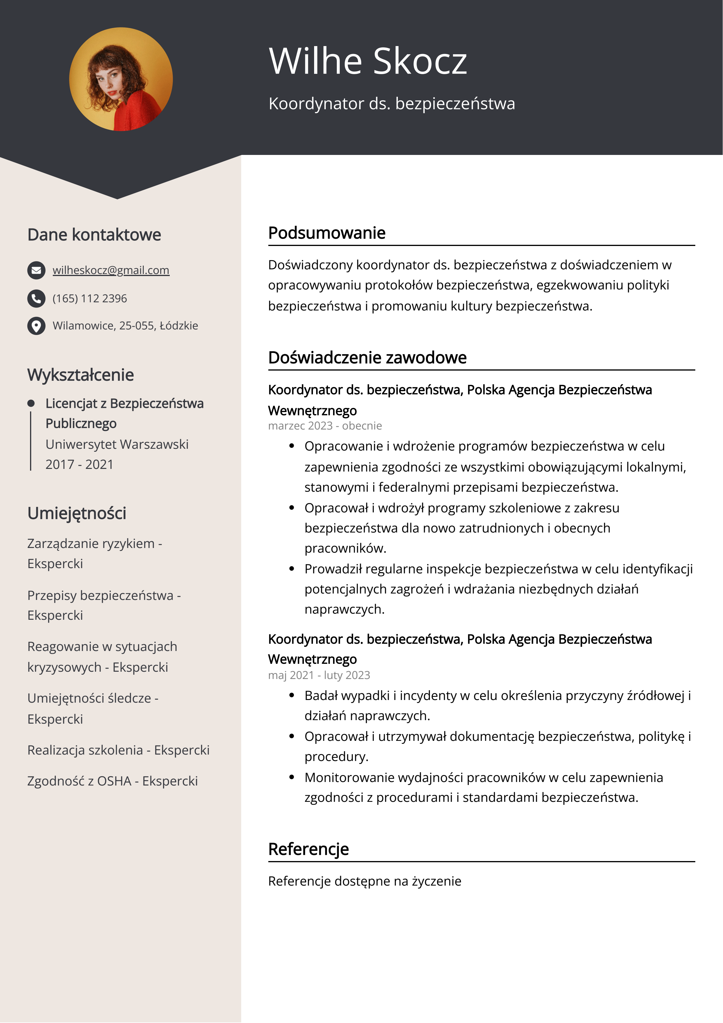 Koordynator ds. bezpieczeństwa Przykład CV