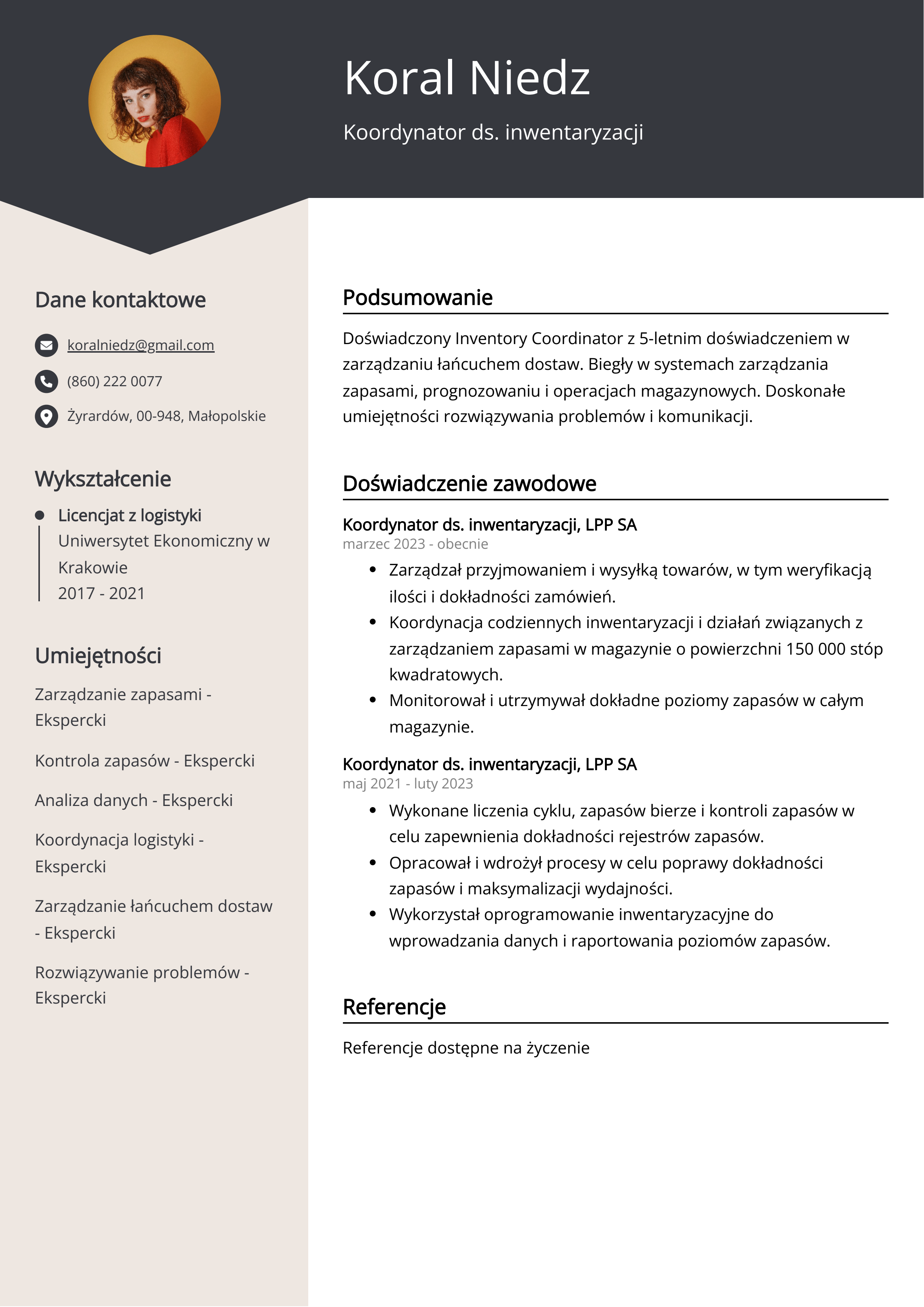 Koordynator ds. inwentaryzacji Przykład CV