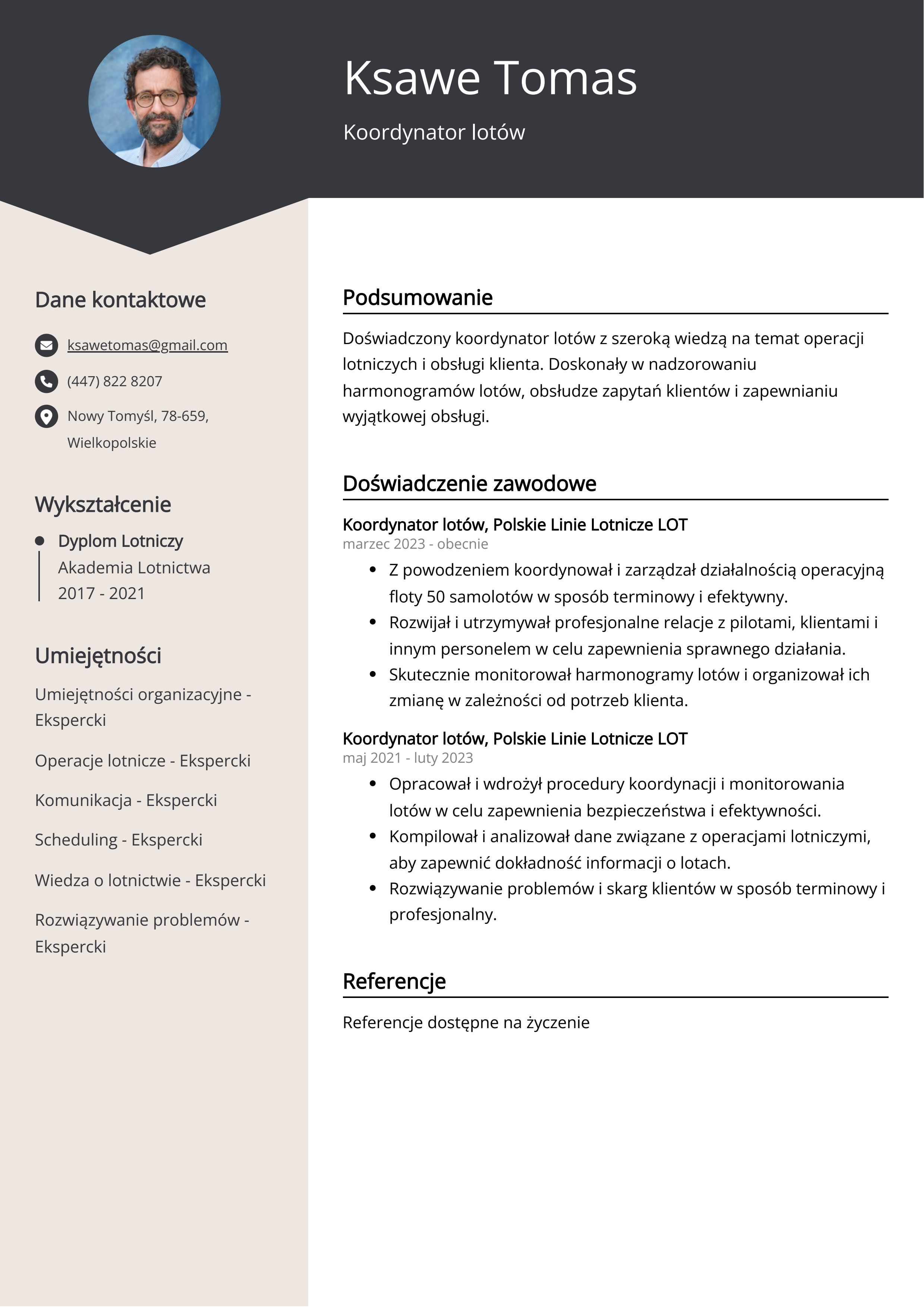 Koordynator lotów Przykład CV