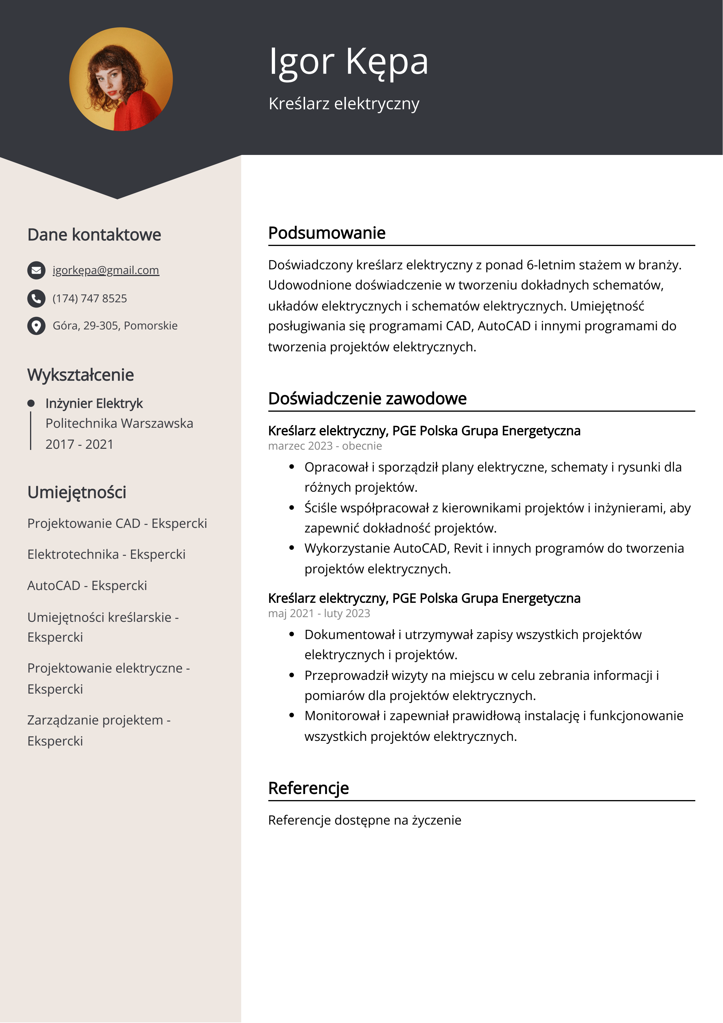 Kreślarz elektryczny Przykład CV