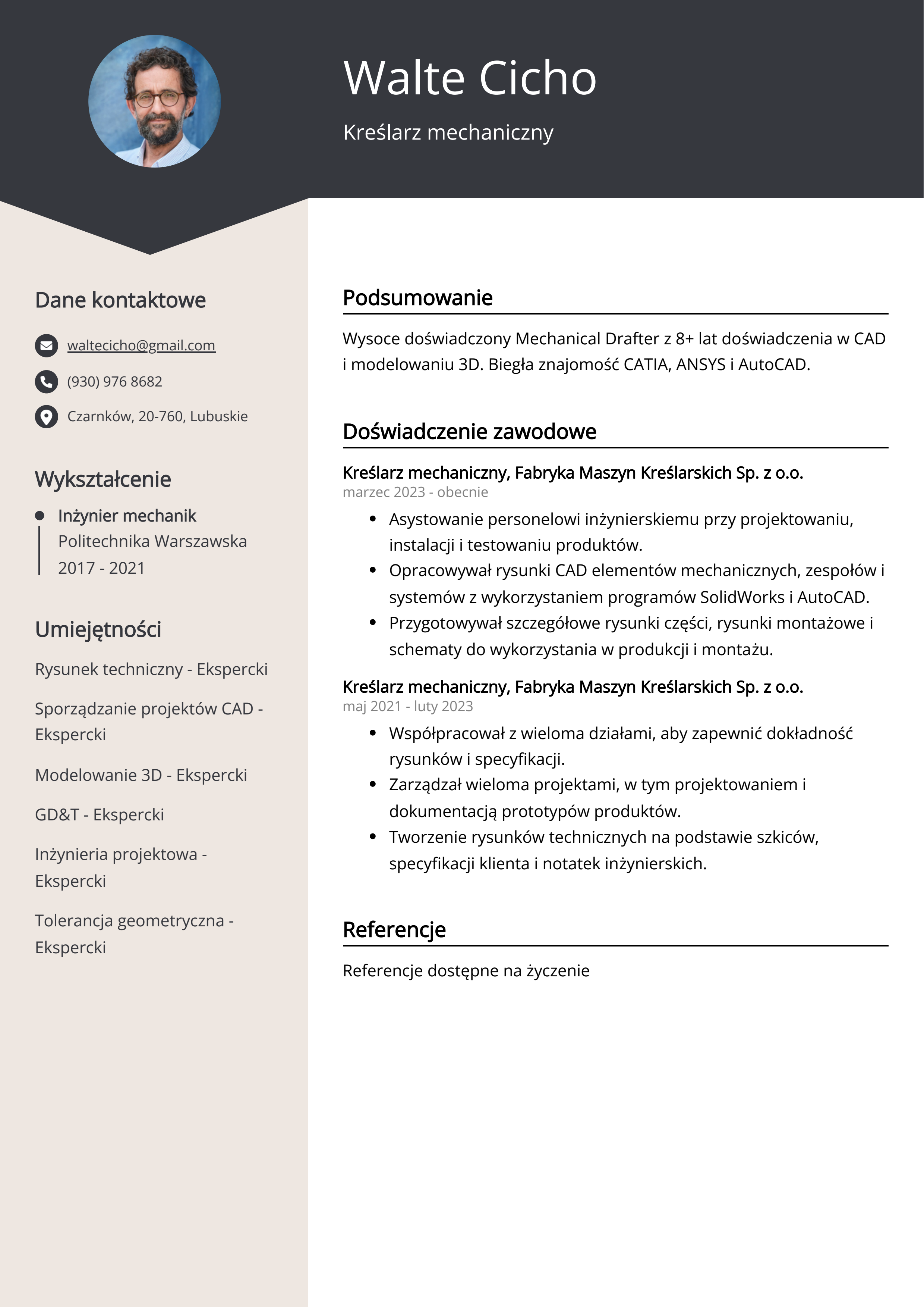 Kreślarz mechaniczny Przykład CV