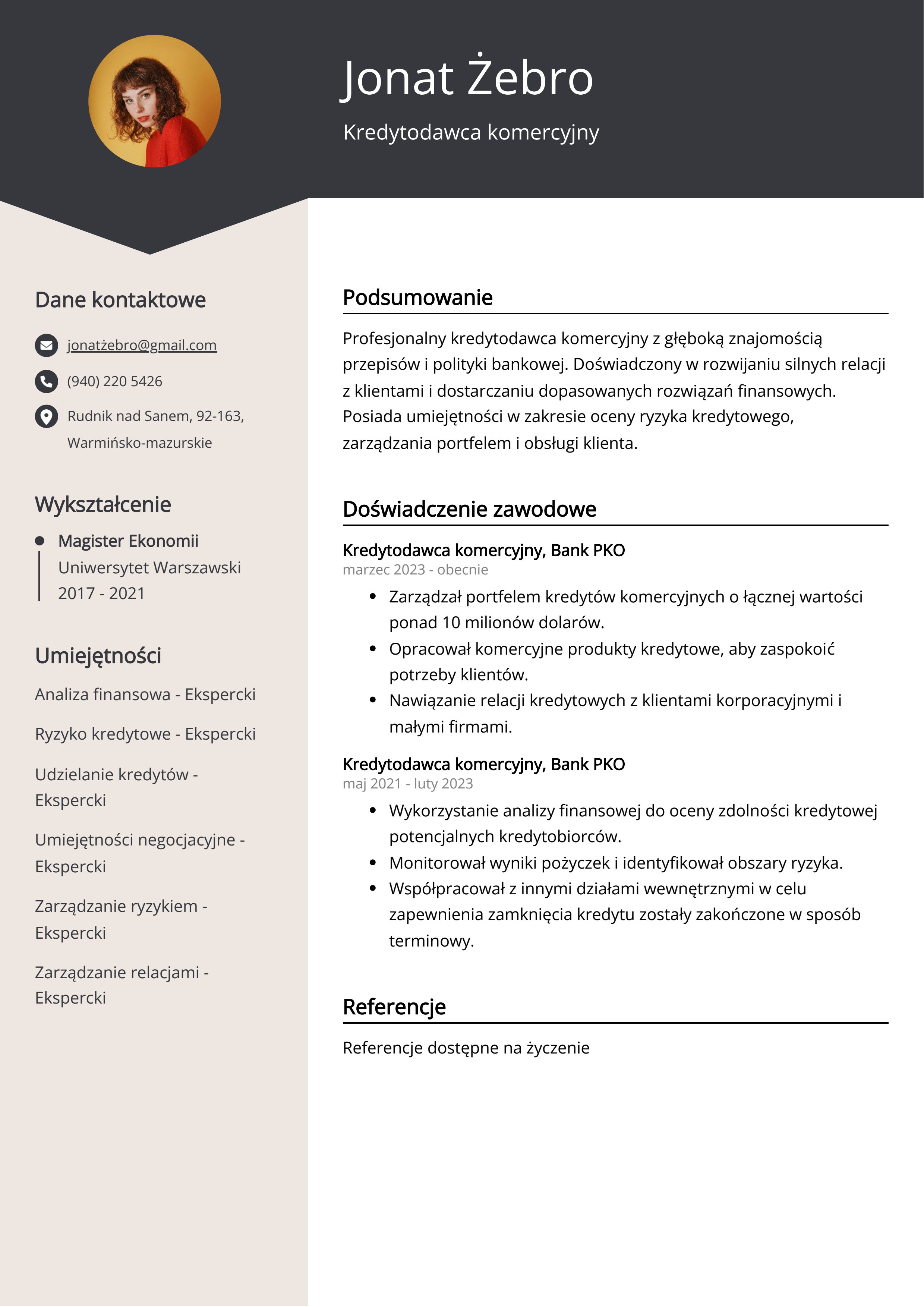 Kredytodawca komercyjny Przykład CV