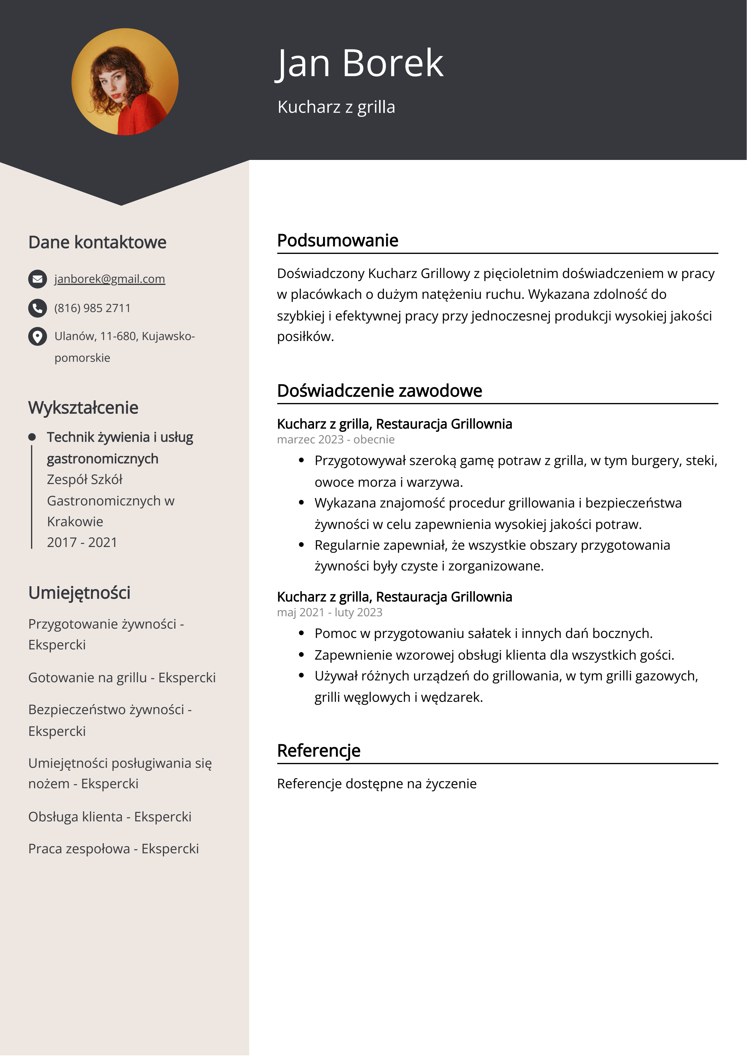 Kucharz z grilla Przykład CV