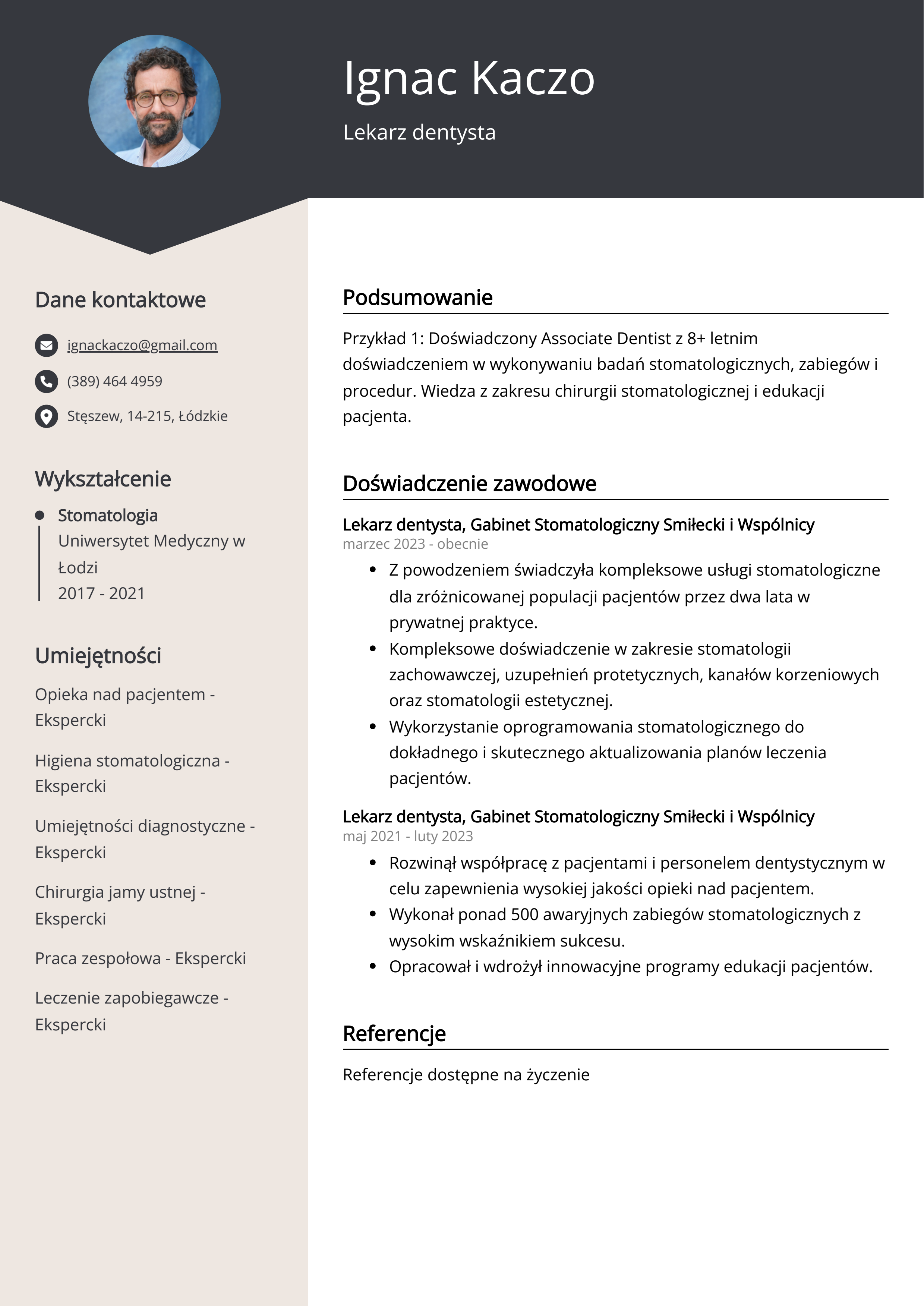 Lekarz dentysta Przykład CV