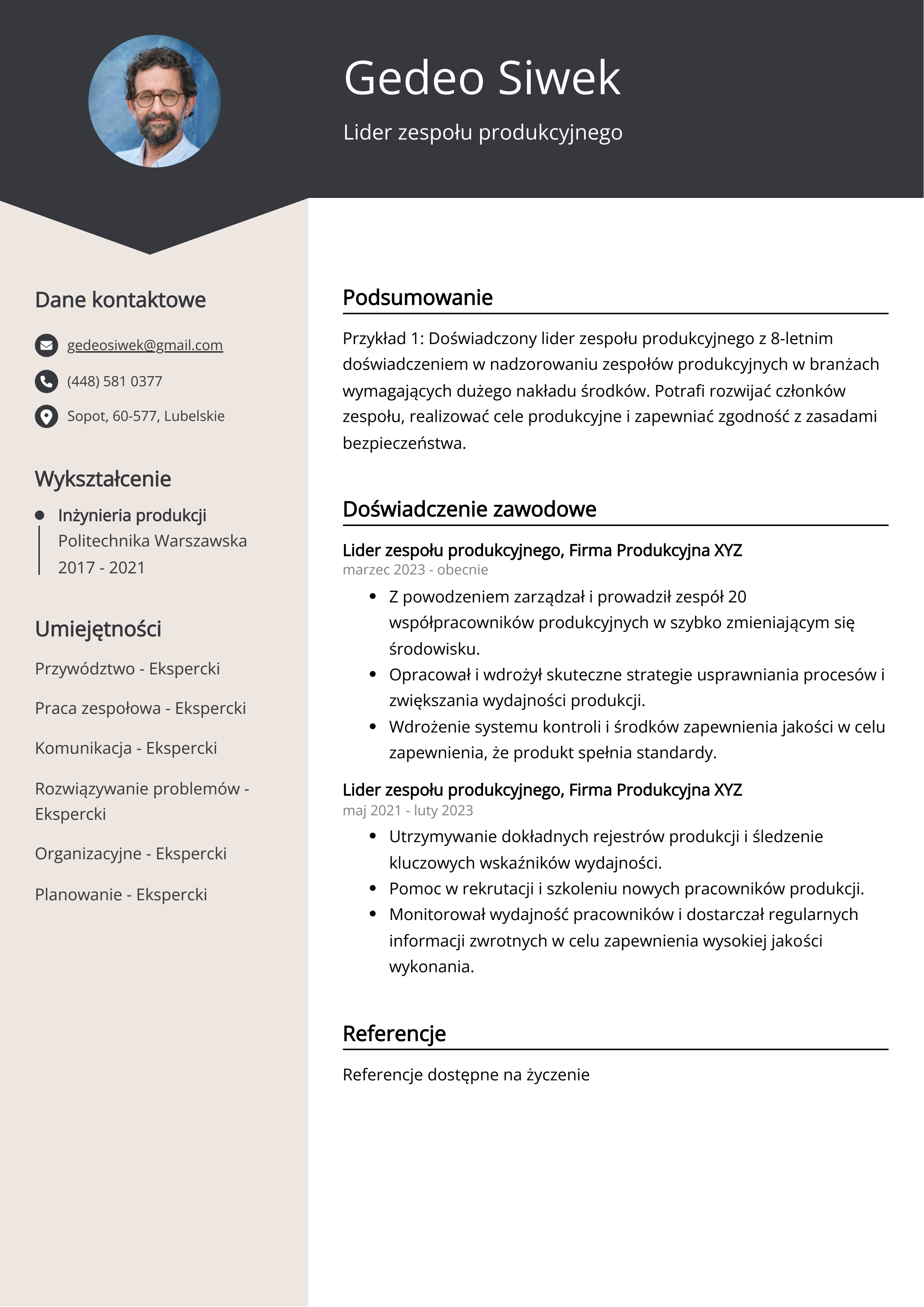 Lider zespołu produkcyjnego Przykład CV