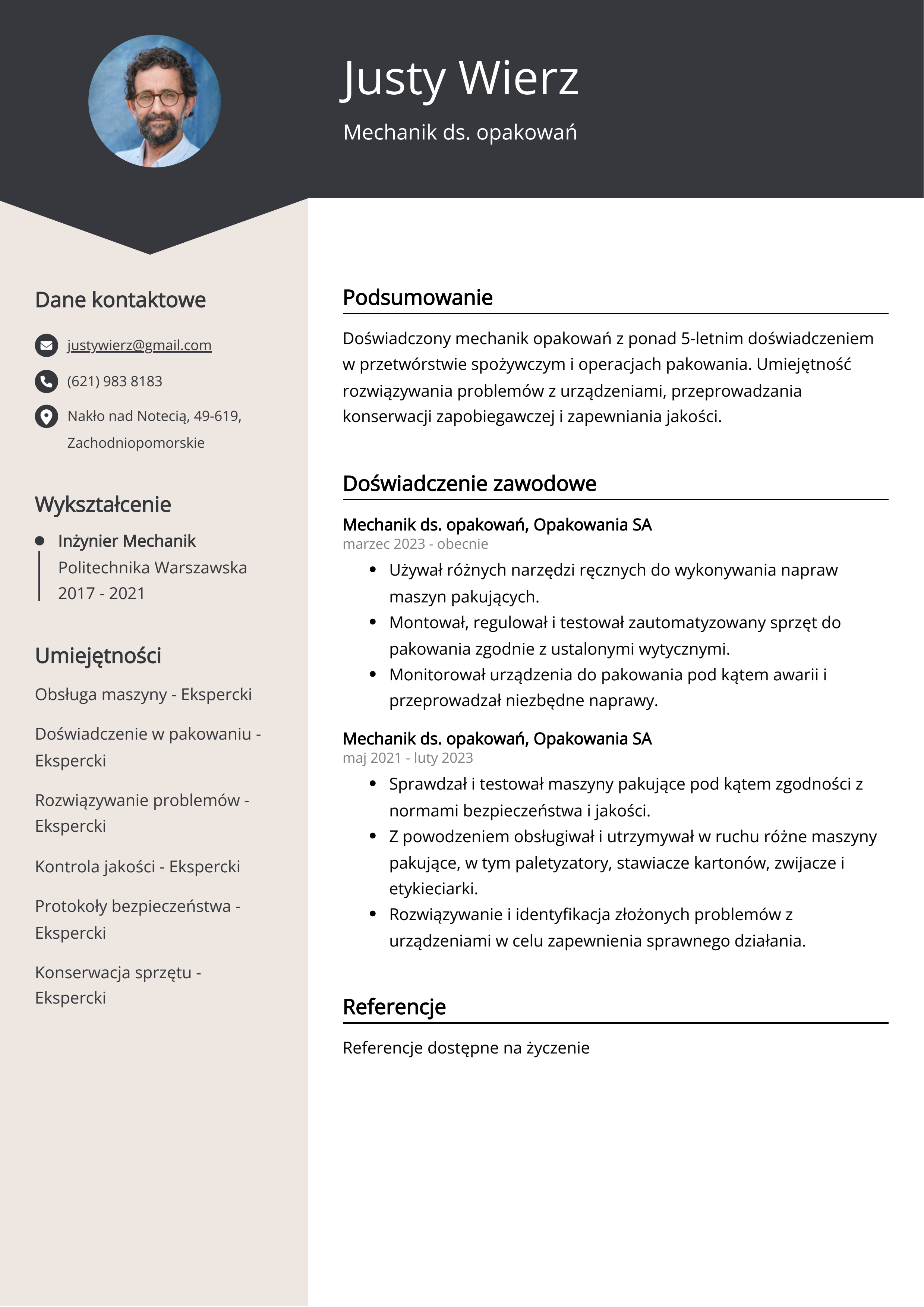 Mechanik ds. opakowań Przykład CV