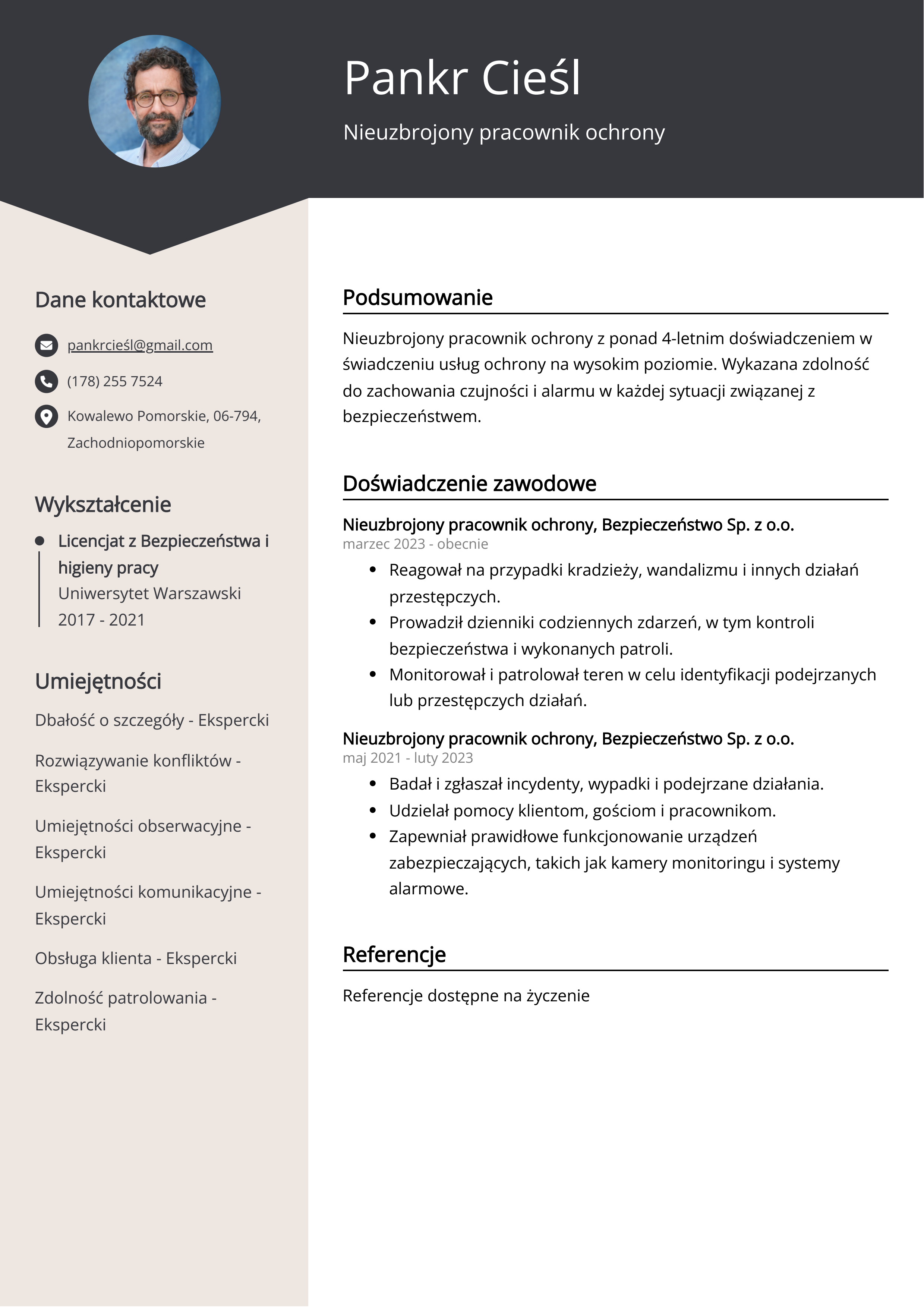 Nieuzbrojony pracownik ochrony Przykład CV