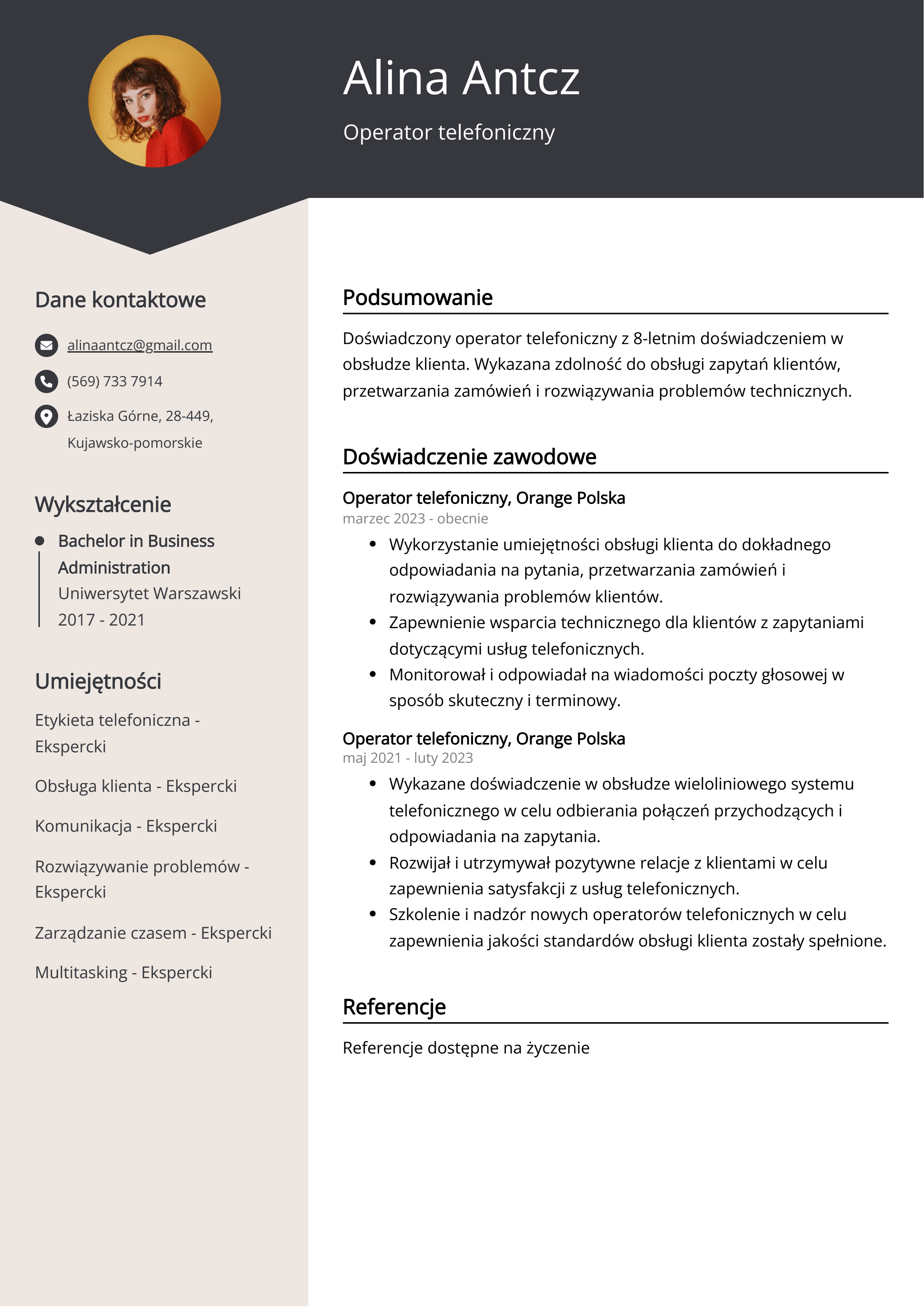 Operator telefoniczny Przykład CV