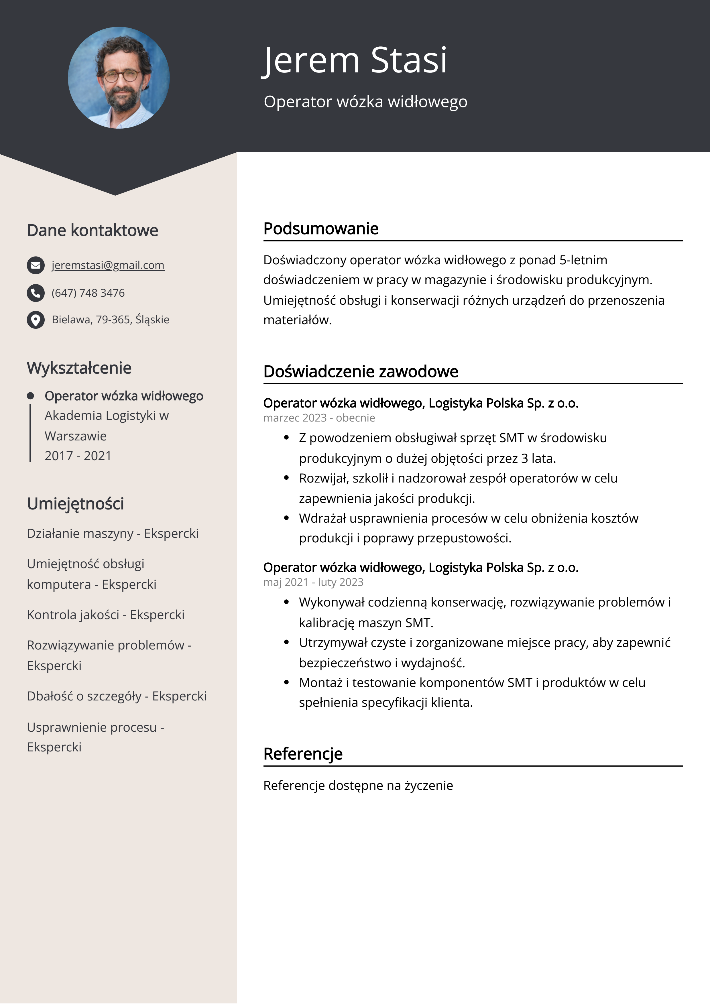 Operator wózka widłowego Przykład CV