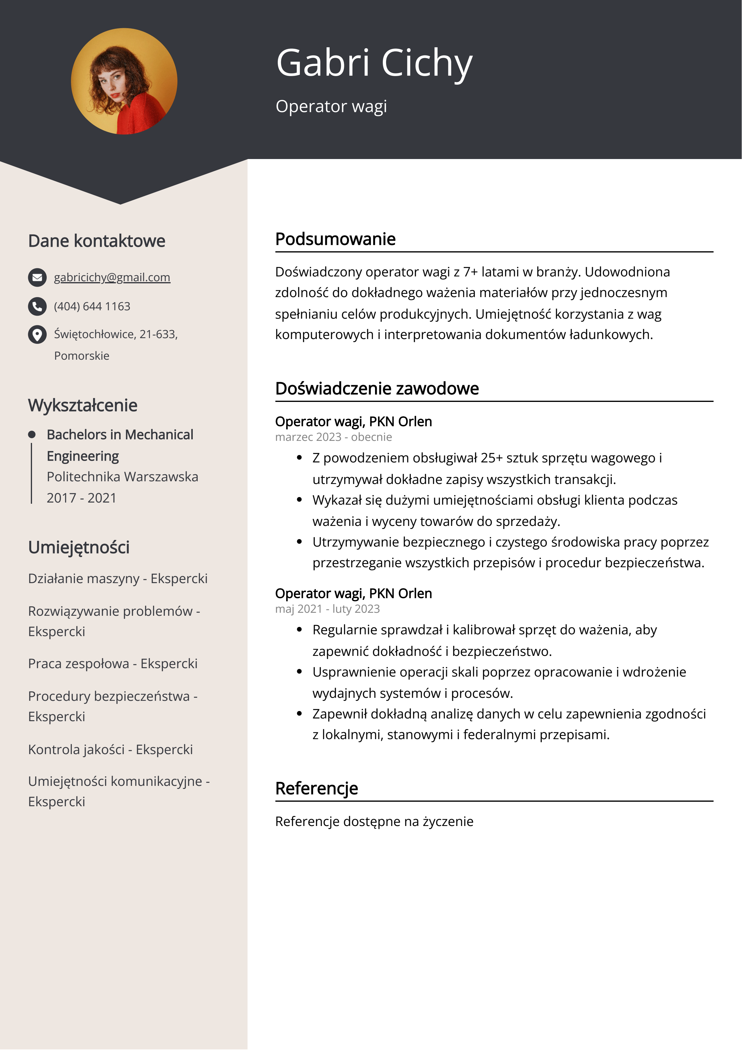 Operator wagi Przykład CV