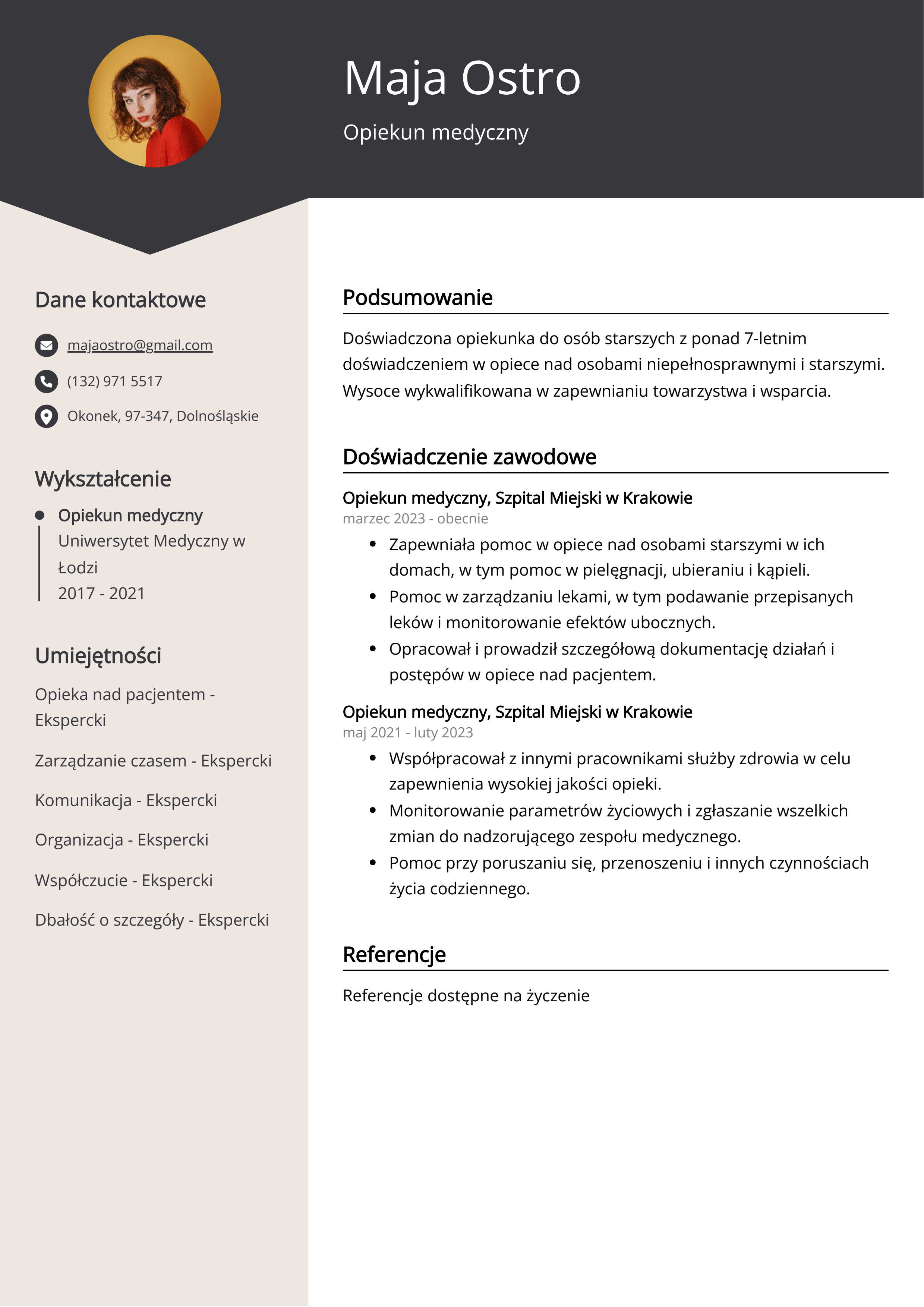 Opiekun medyczny Przykład CV