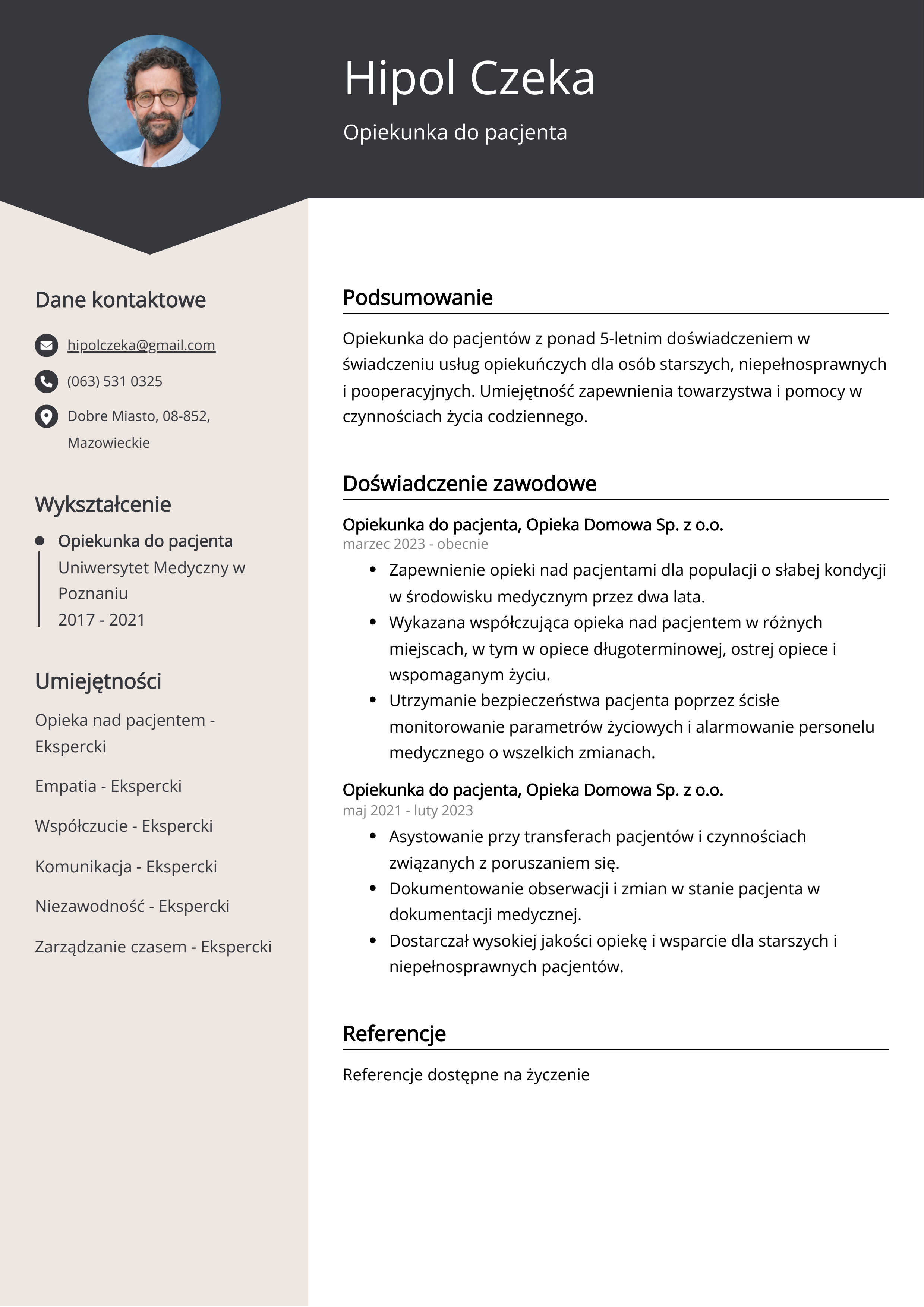 Opiekunka do pacjenta Przykład CV