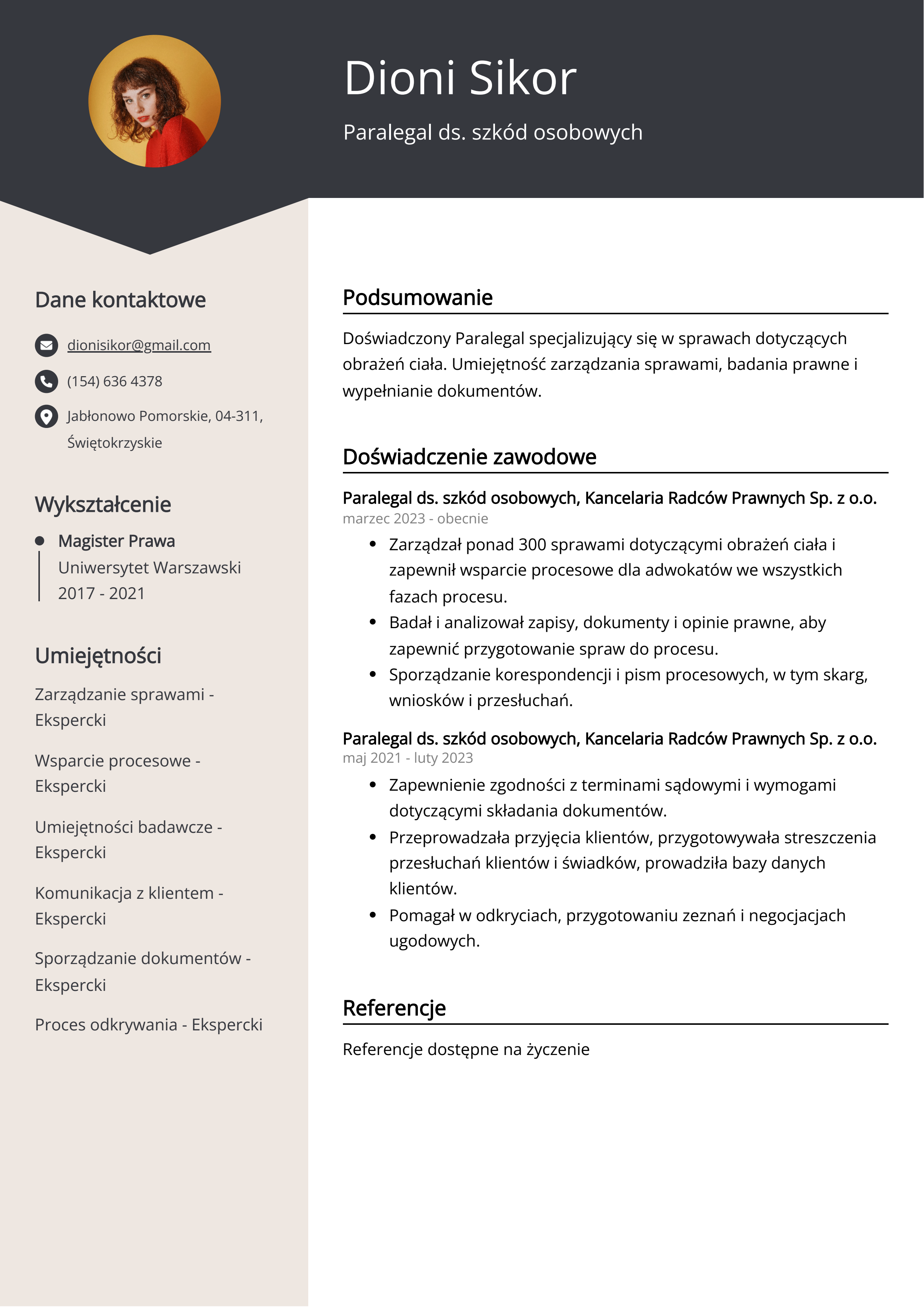 Paralegal ds. szkód osobowych Przykład CV