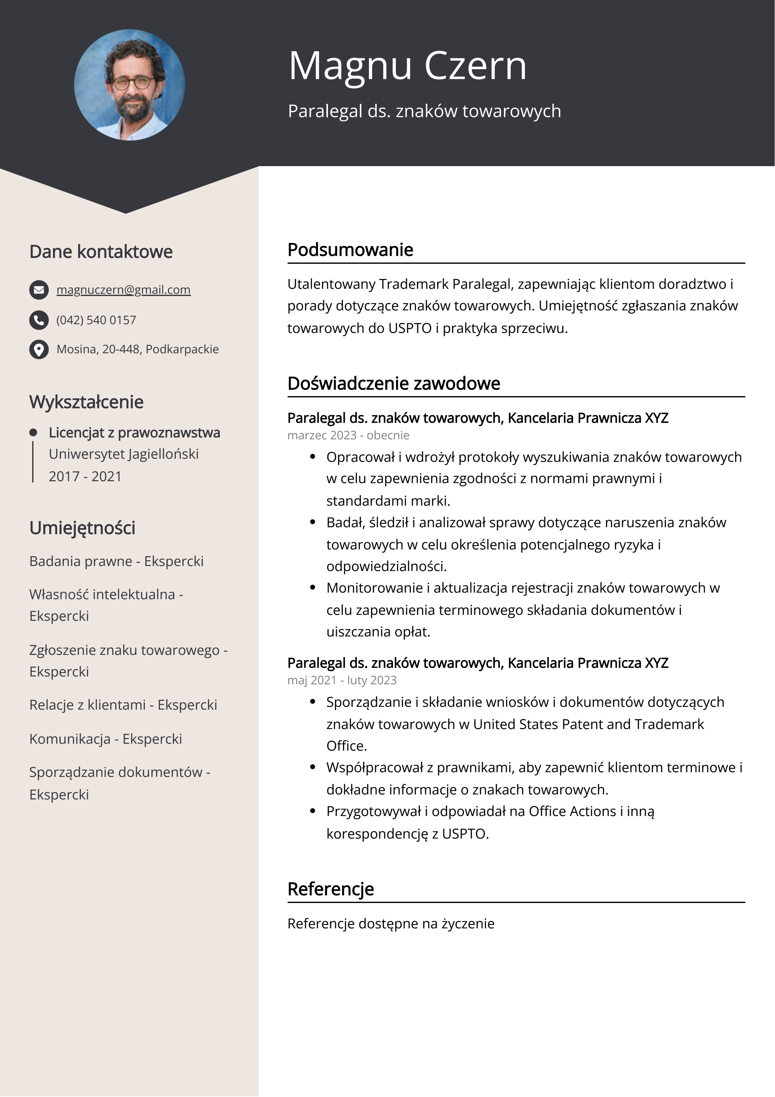 Paralegal ds. znaków towarowych Przykład CV