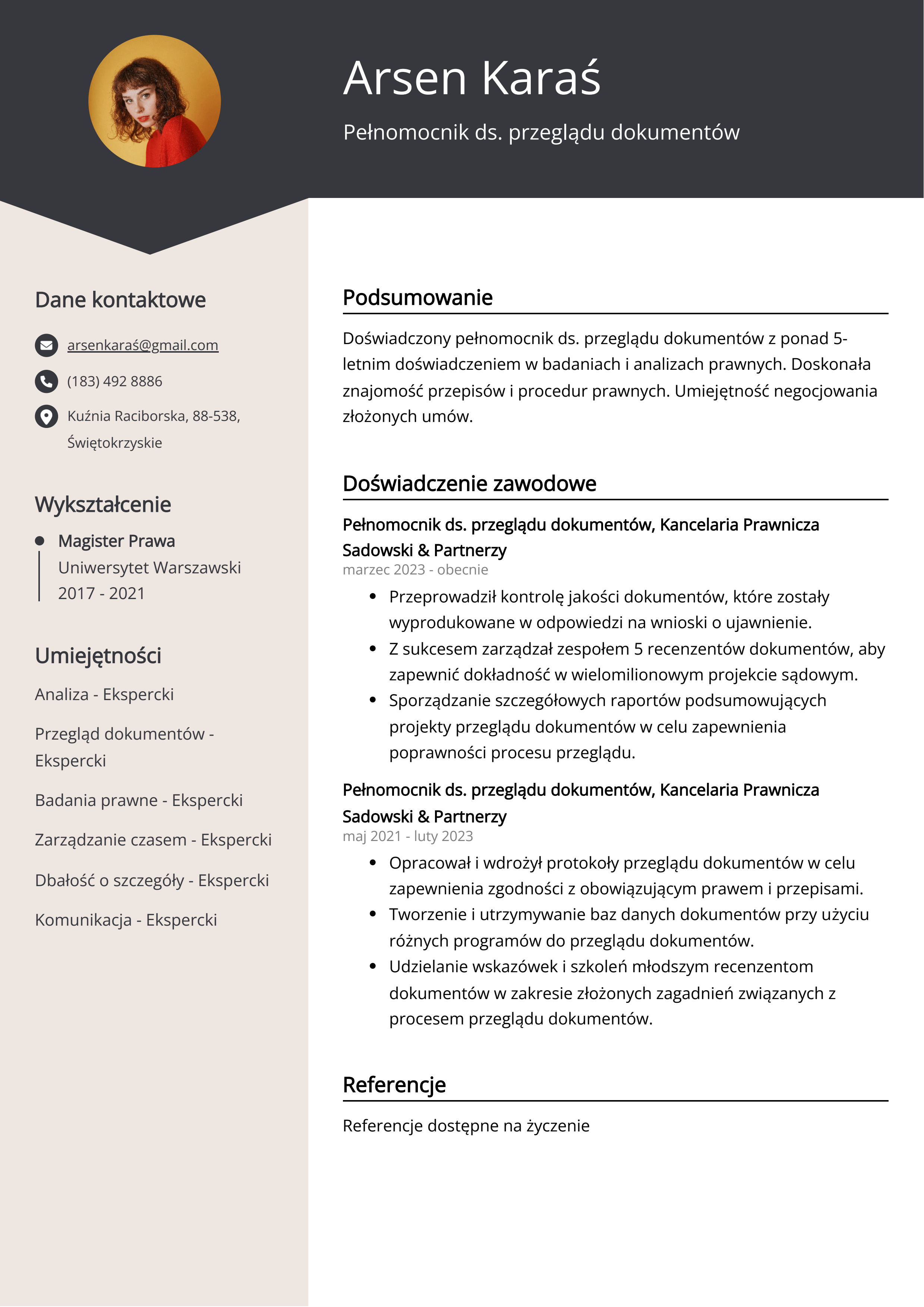 Pełnomocnik ds. przeglądu dokumentów Przykład CV