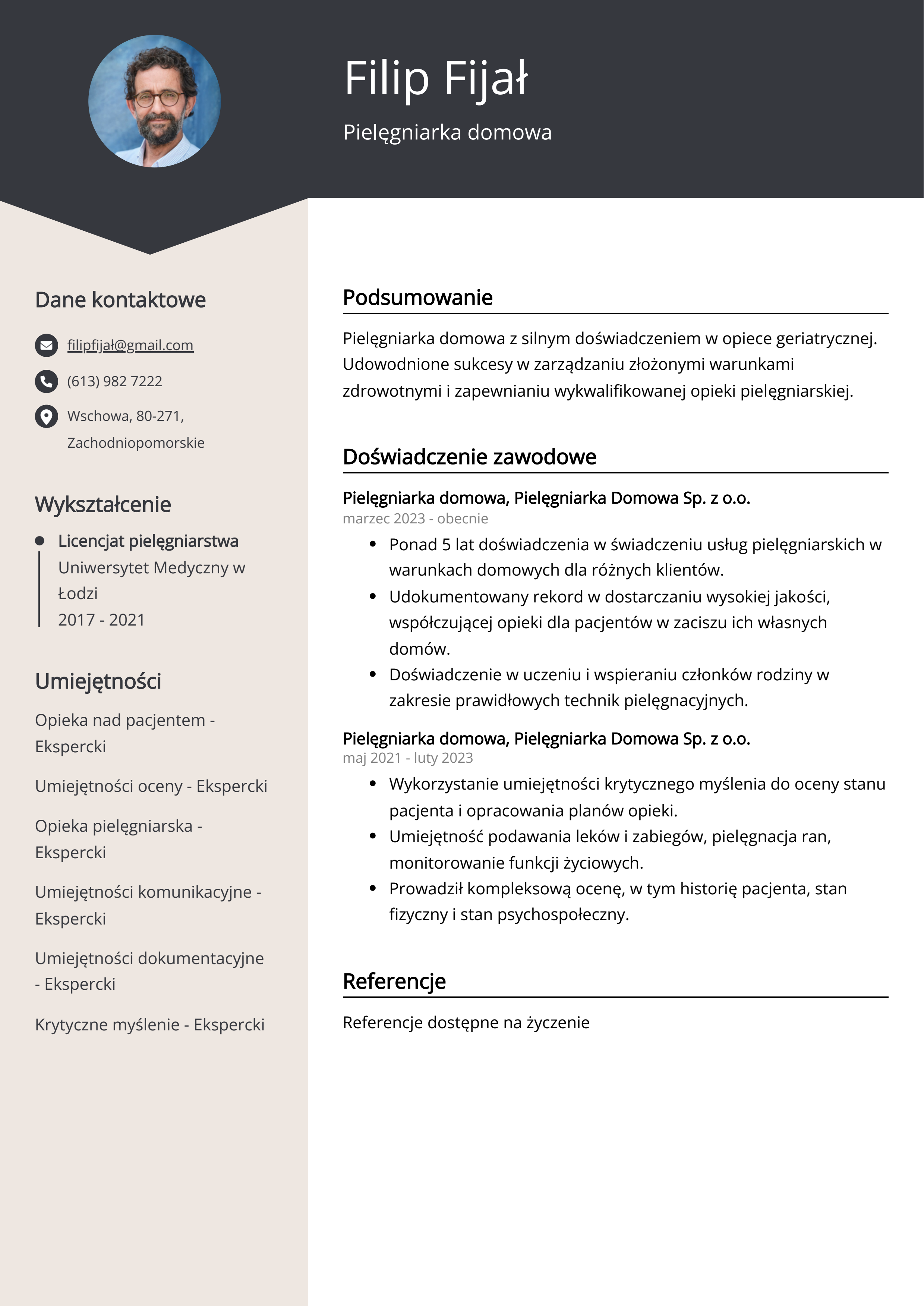 Pielęgniarka domowa Przykład CV