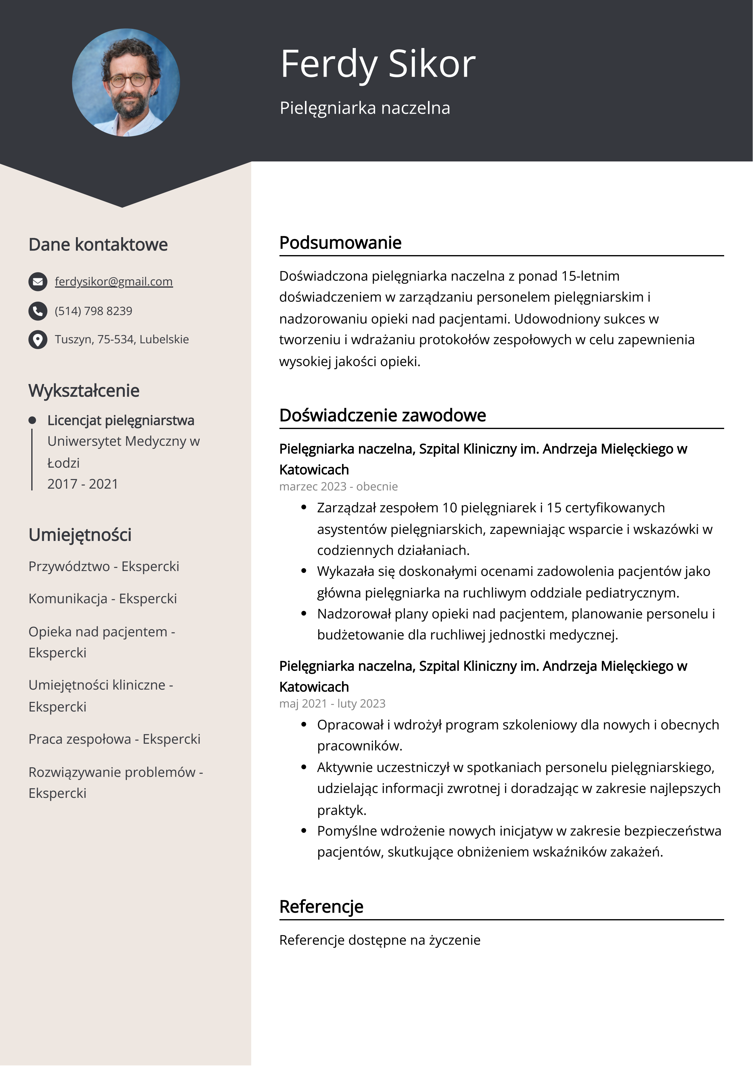 Pielęgniarka naczelna Przykład CV