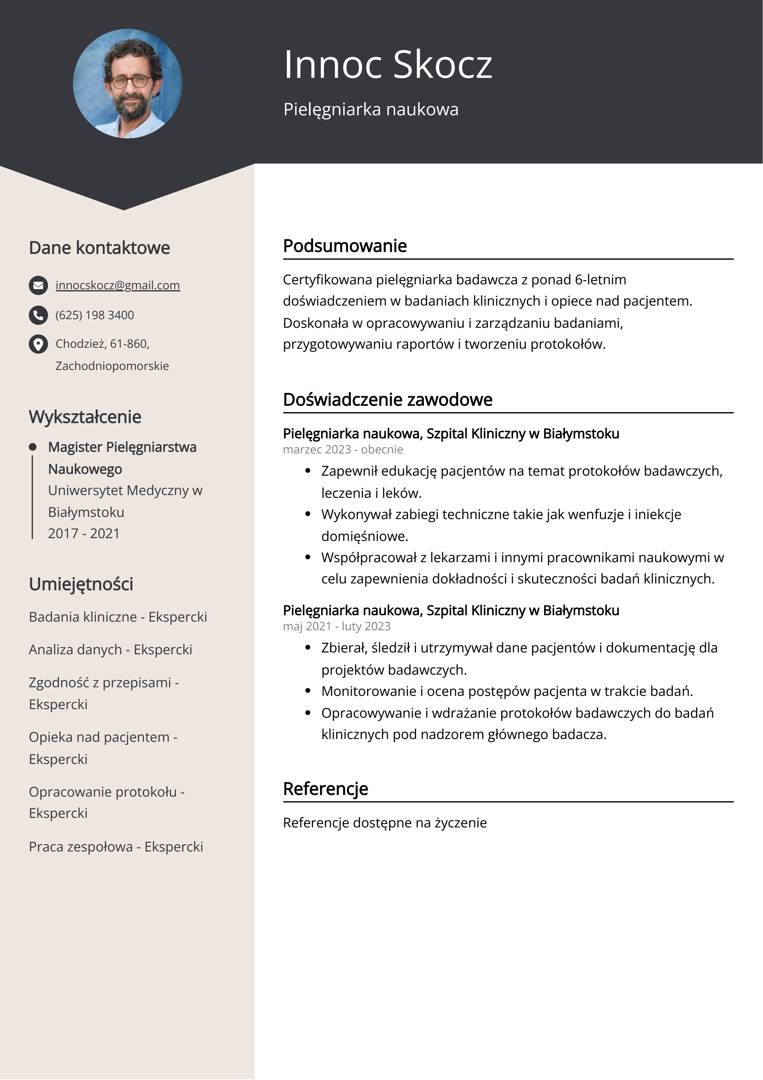 Pielęgniarka naukowa Przykład CV