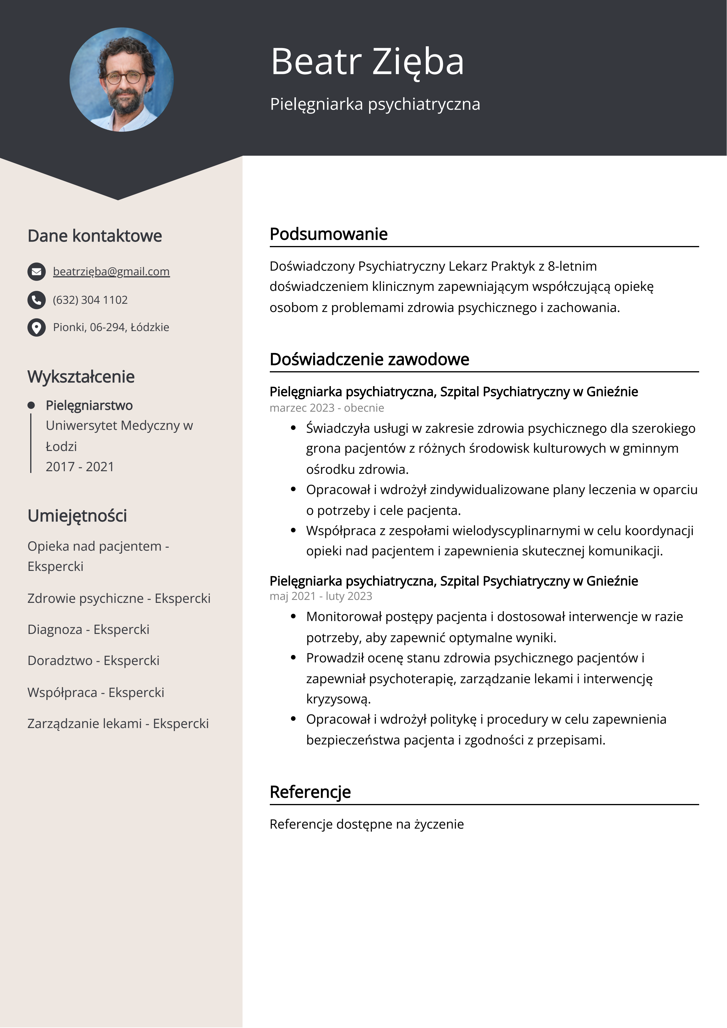 Pielęgniarka psychiatryczna Przykład CV