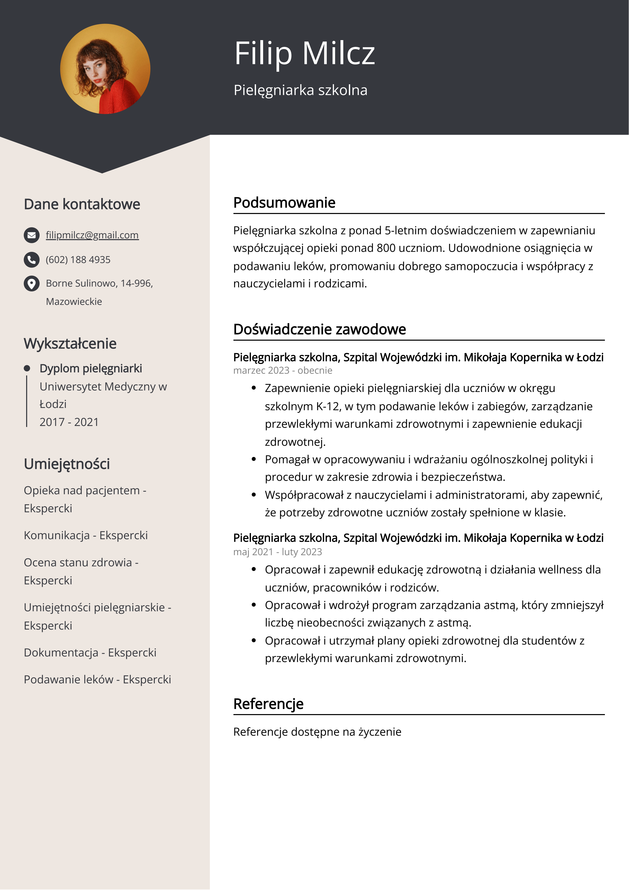 Pielęgniarka szkolna Przykład CV