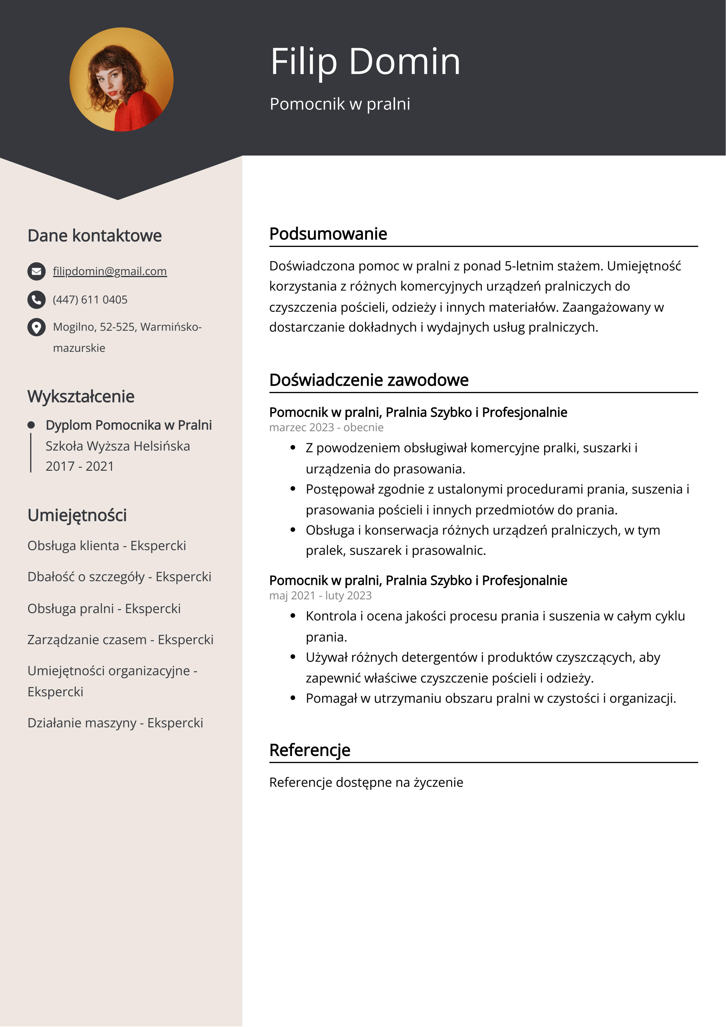 Pomocnik w pralni Przykład CV