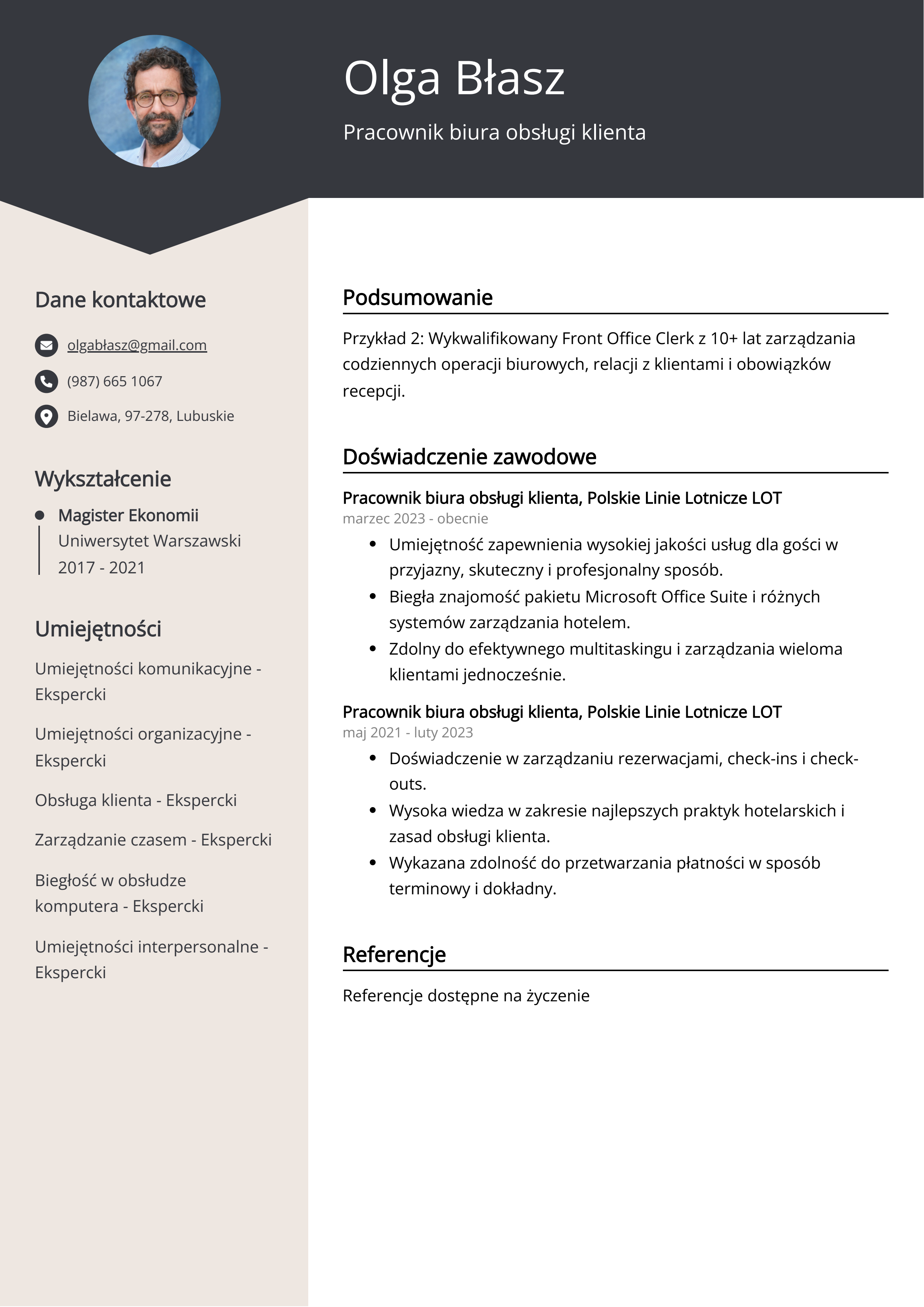 Pracownik biura obsługi klienta Przykład CV