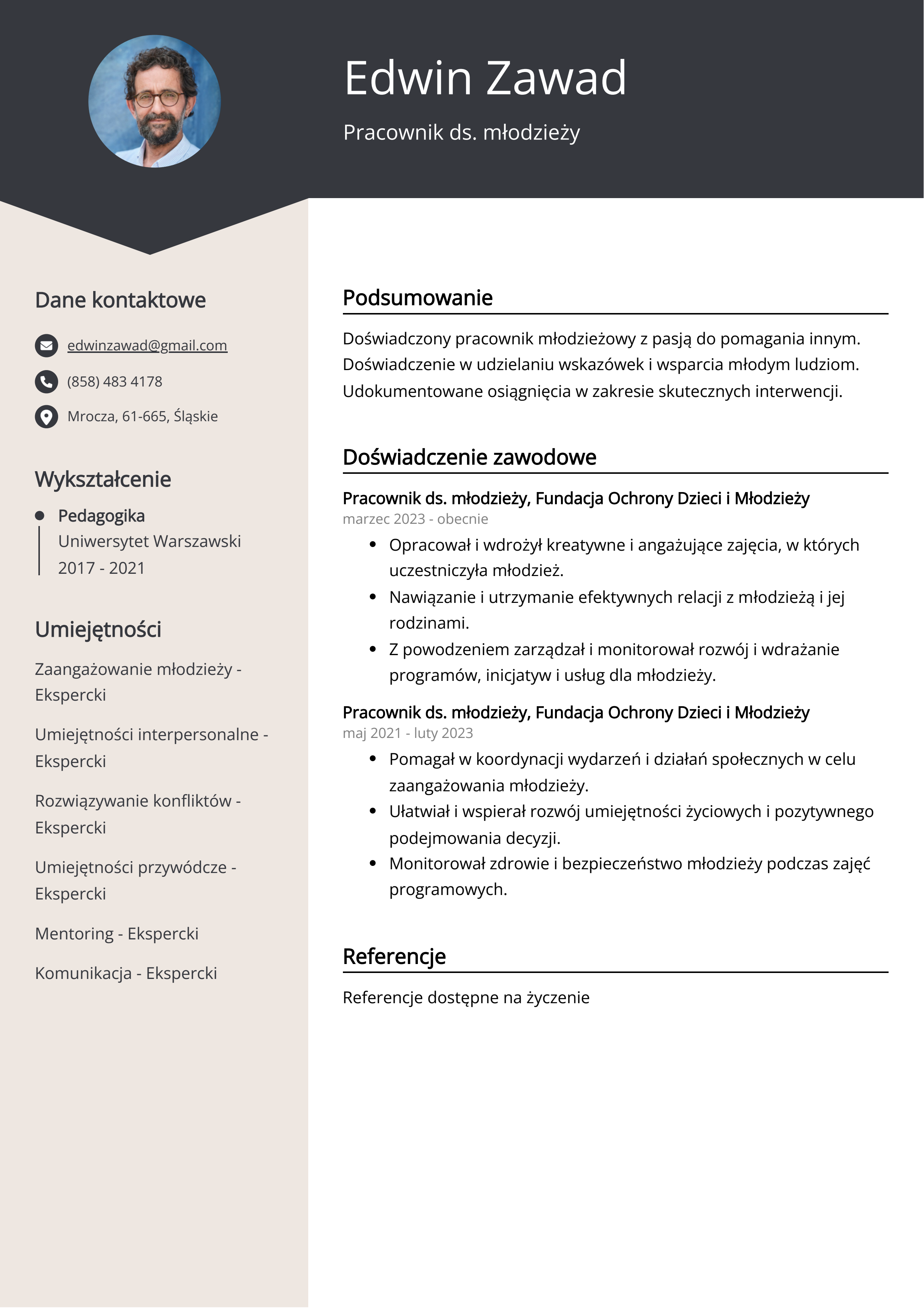 Pracownik ds. młodzieży Przykład CV