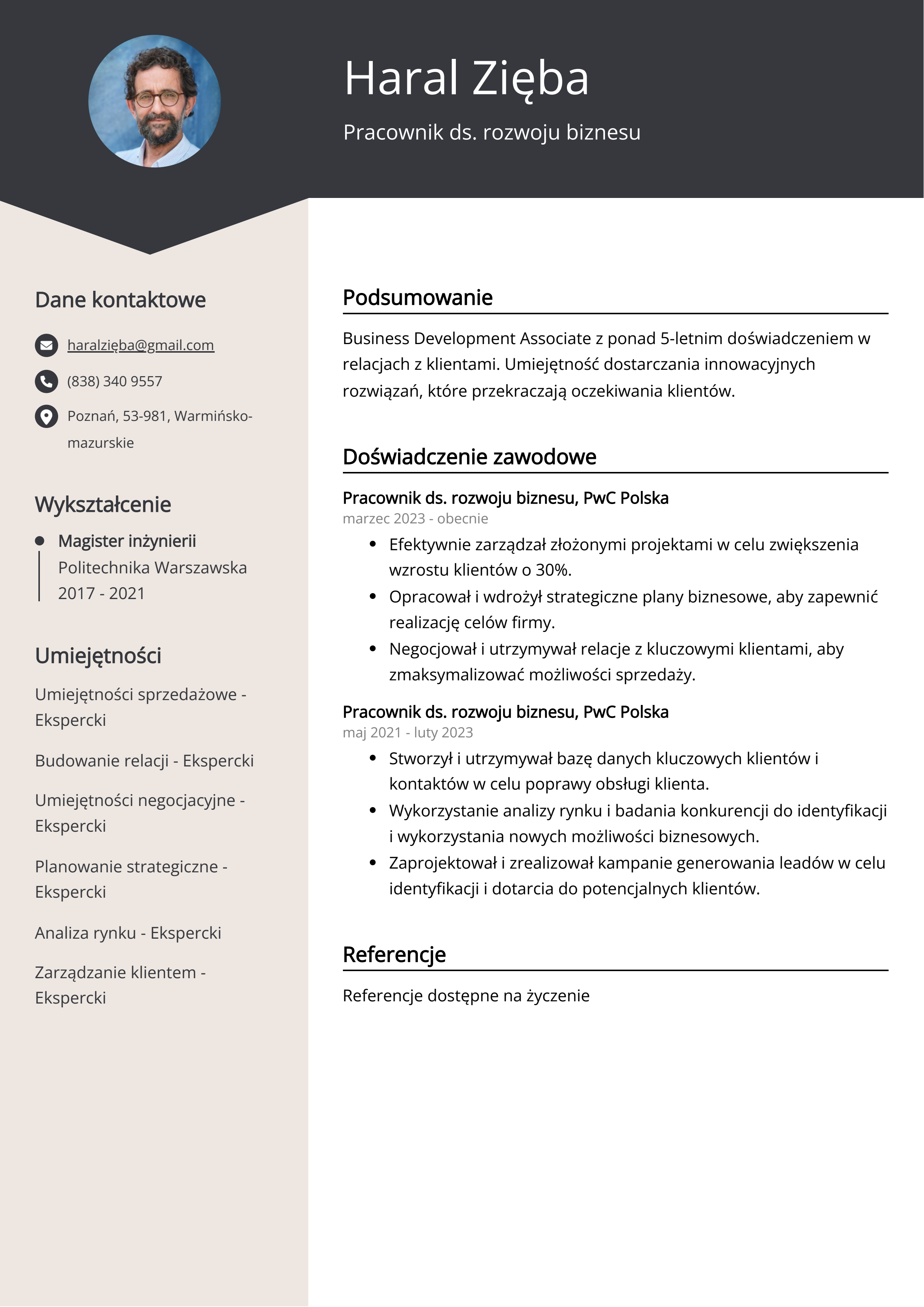 Pracownik ds. rozwoju biznesu Przykład CV