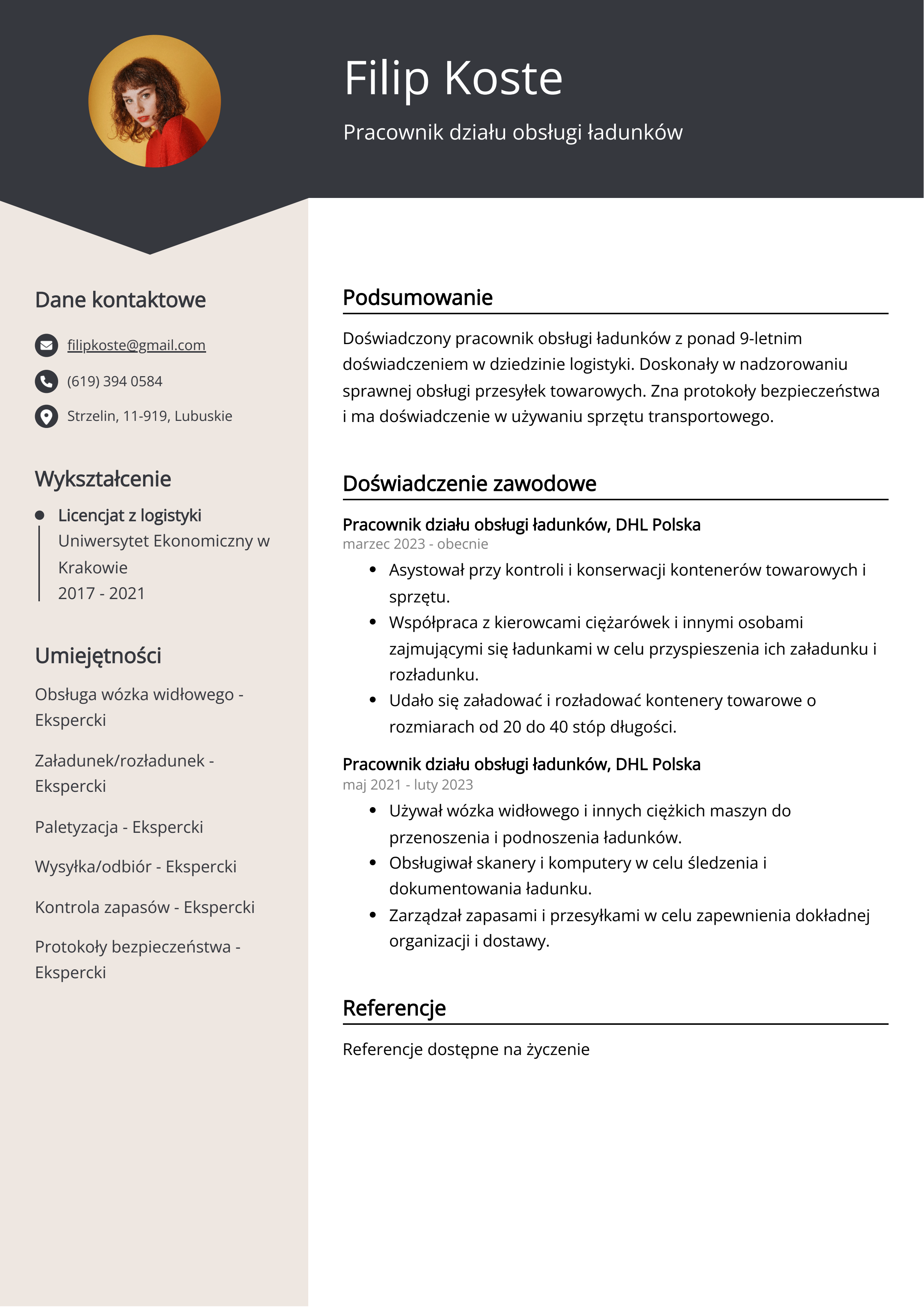 Pracownik działu obsługi ładunków Przykład CV