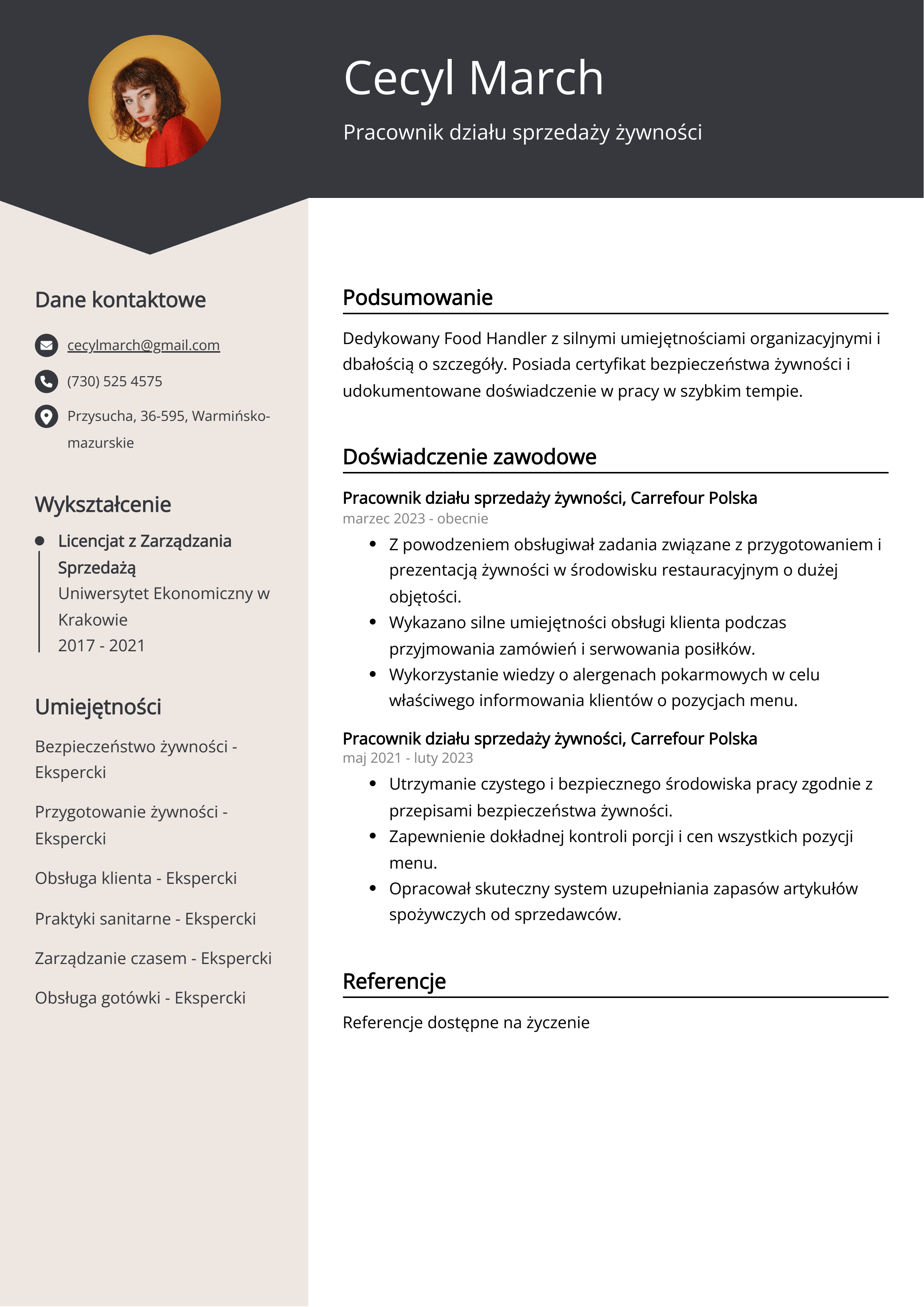 Pracownik działu sprzedaży żywności Przykład CV