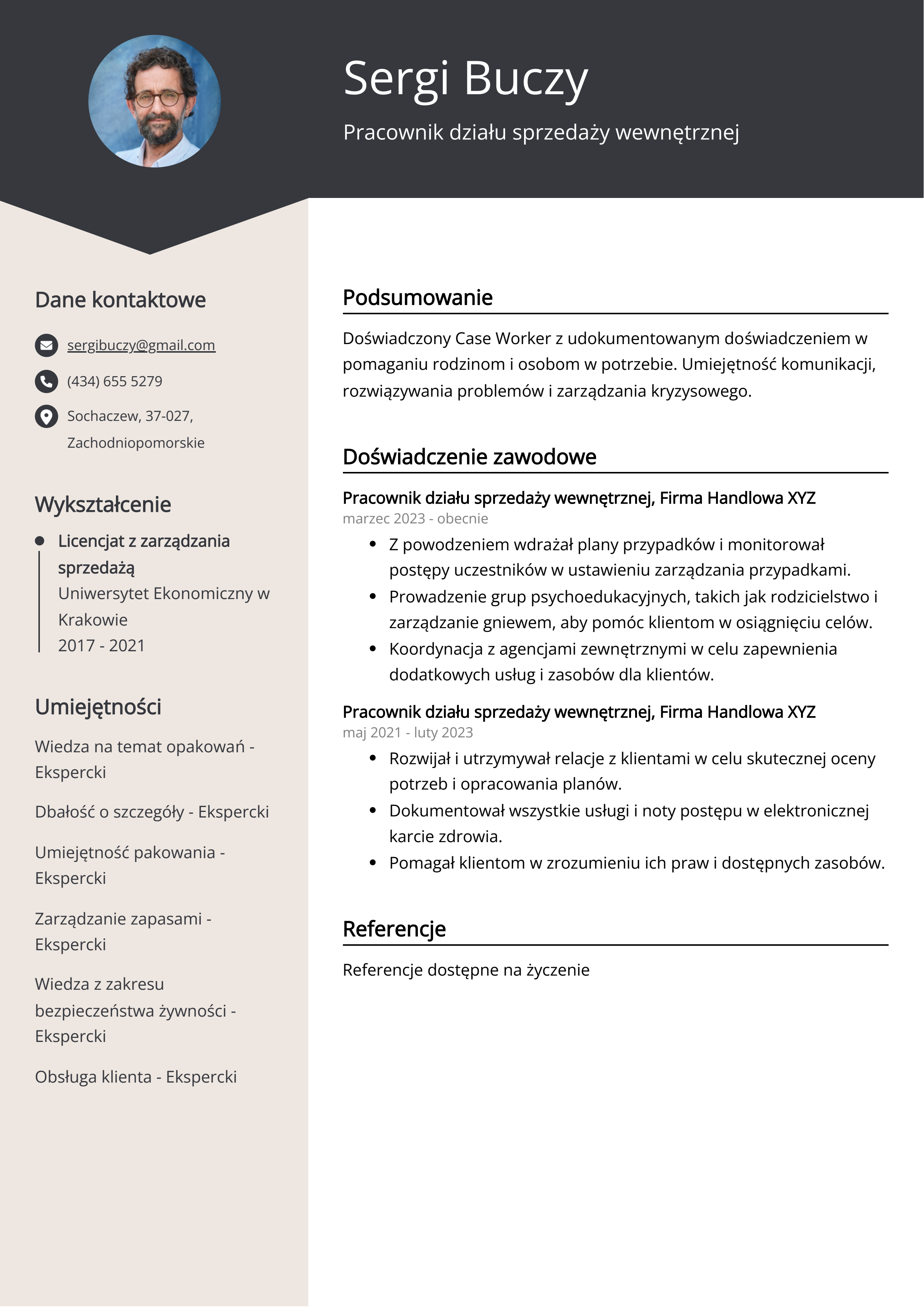 Pracownik działu sprzedaży wewnętrznej Przykład CV