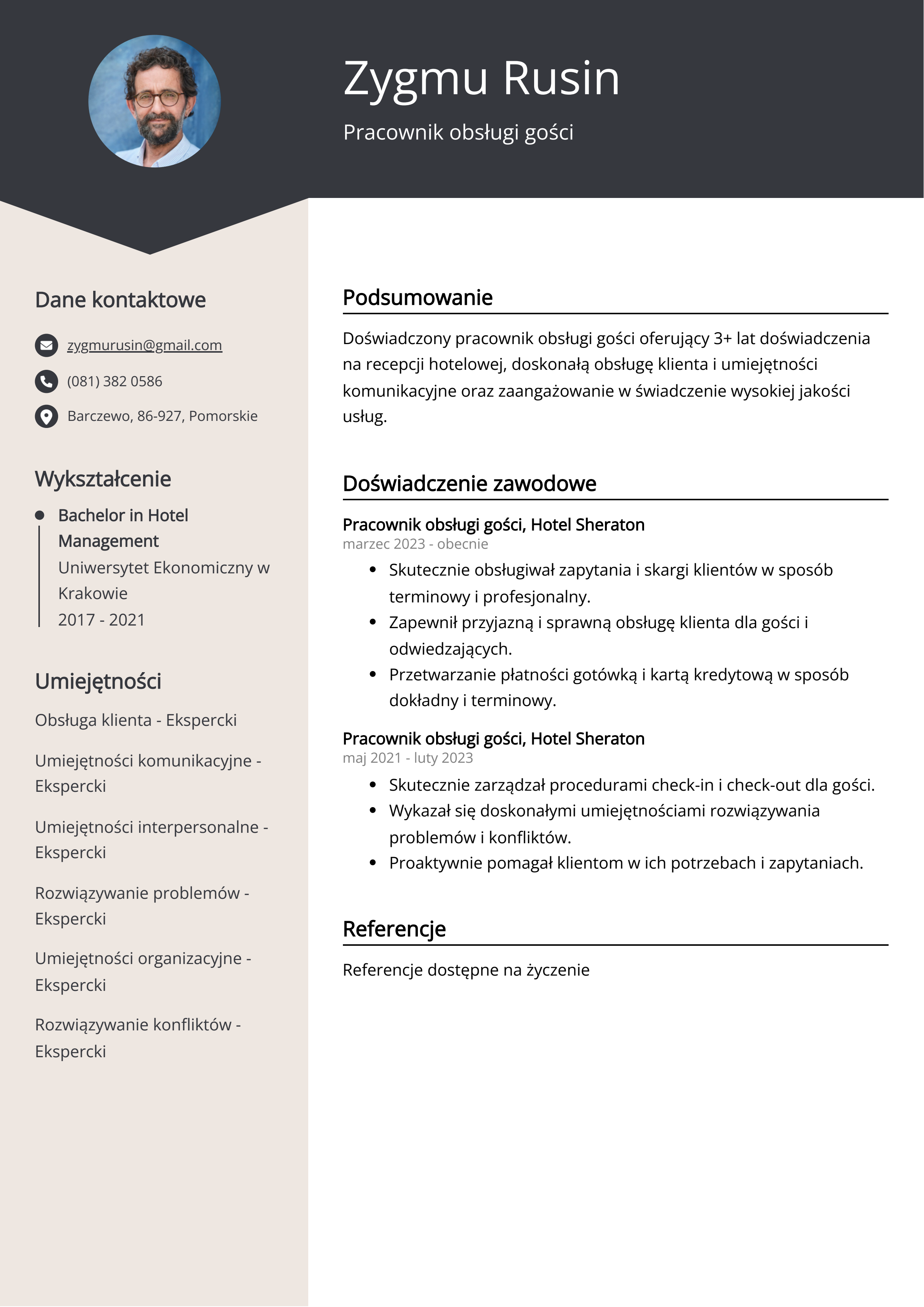 Pracownik obsługi gości Przykład CV