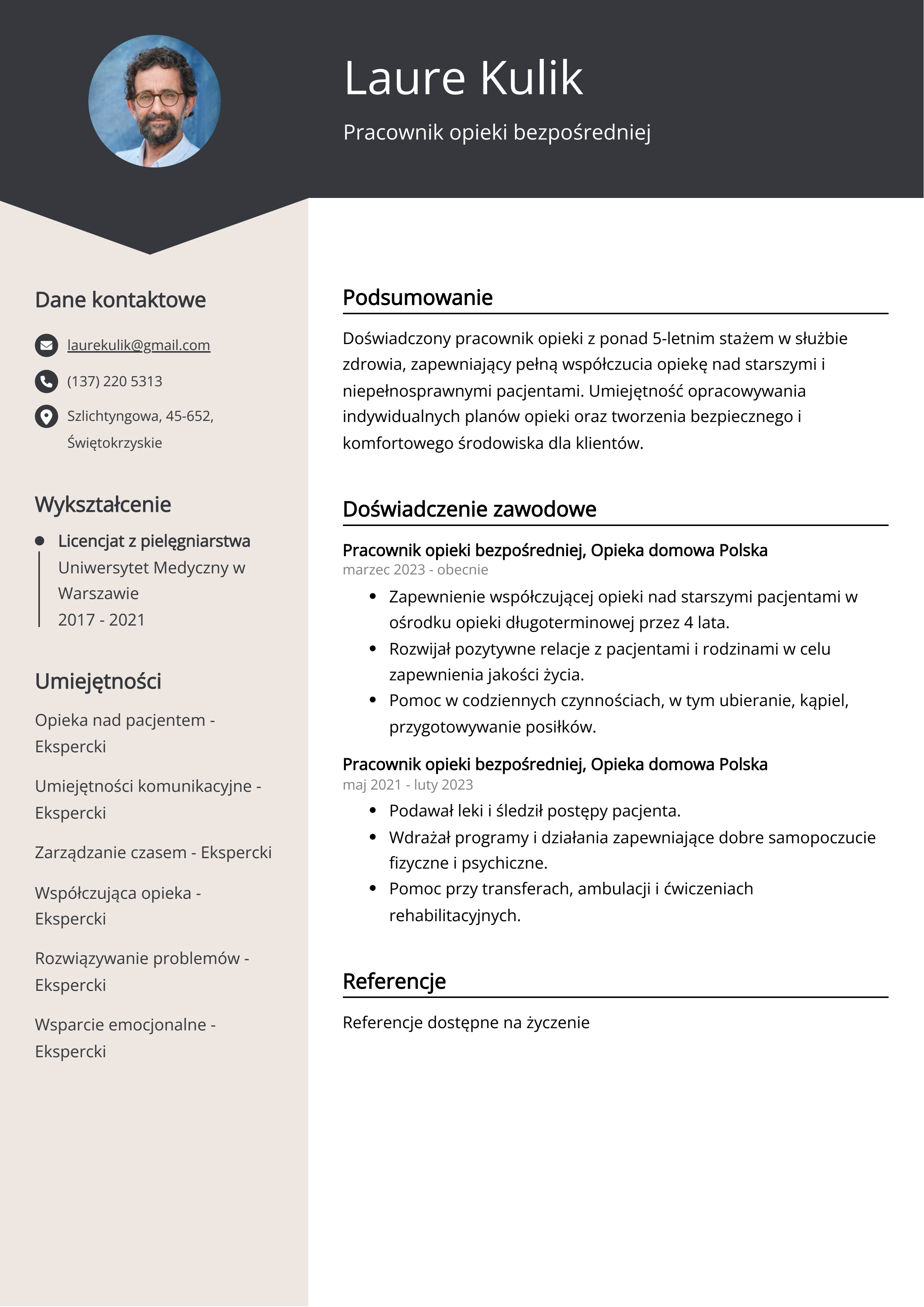 Pracownik opieki bezpośredniej Przykład CV