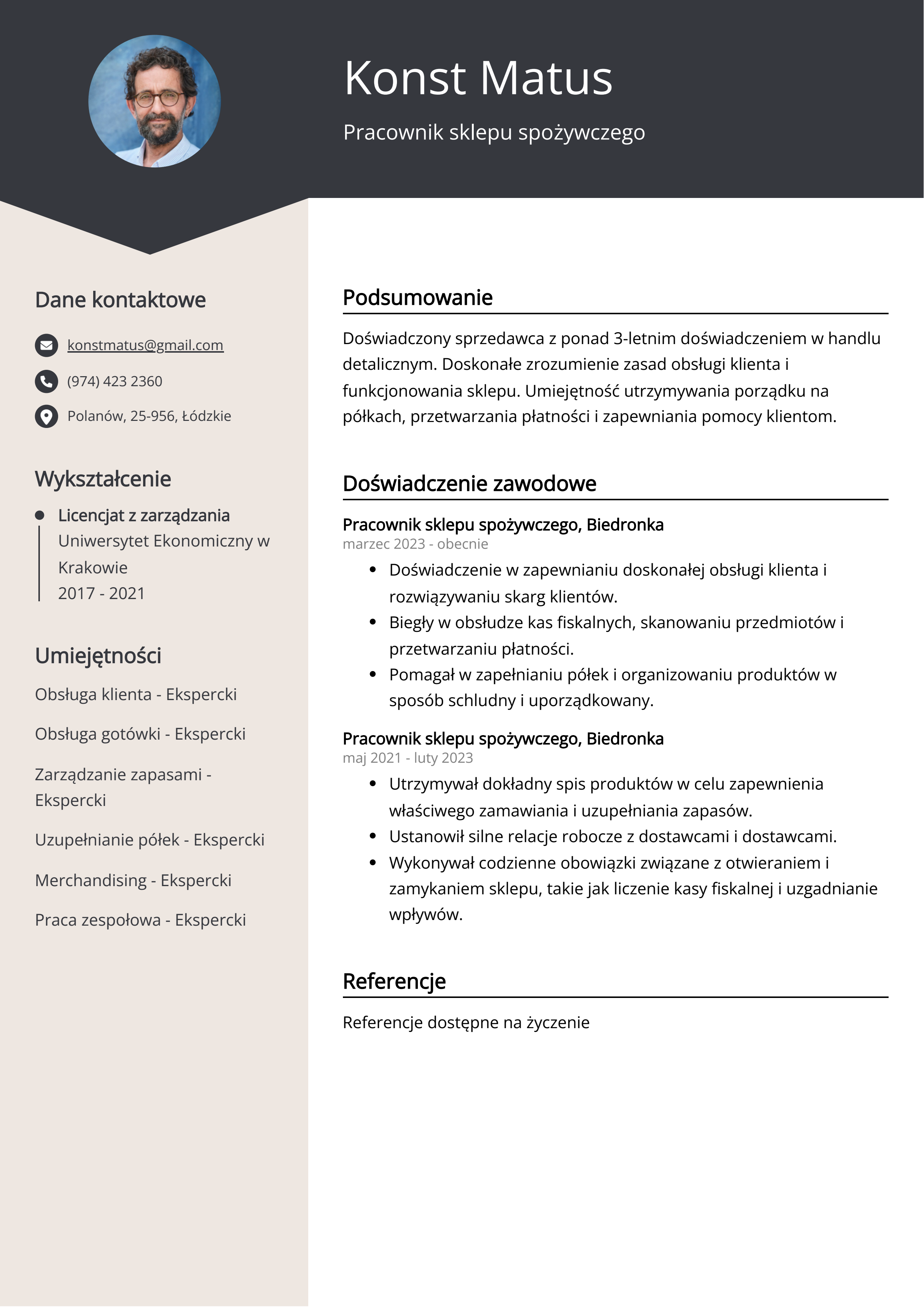 Pracownik sklepu spożywczego Przykład CV