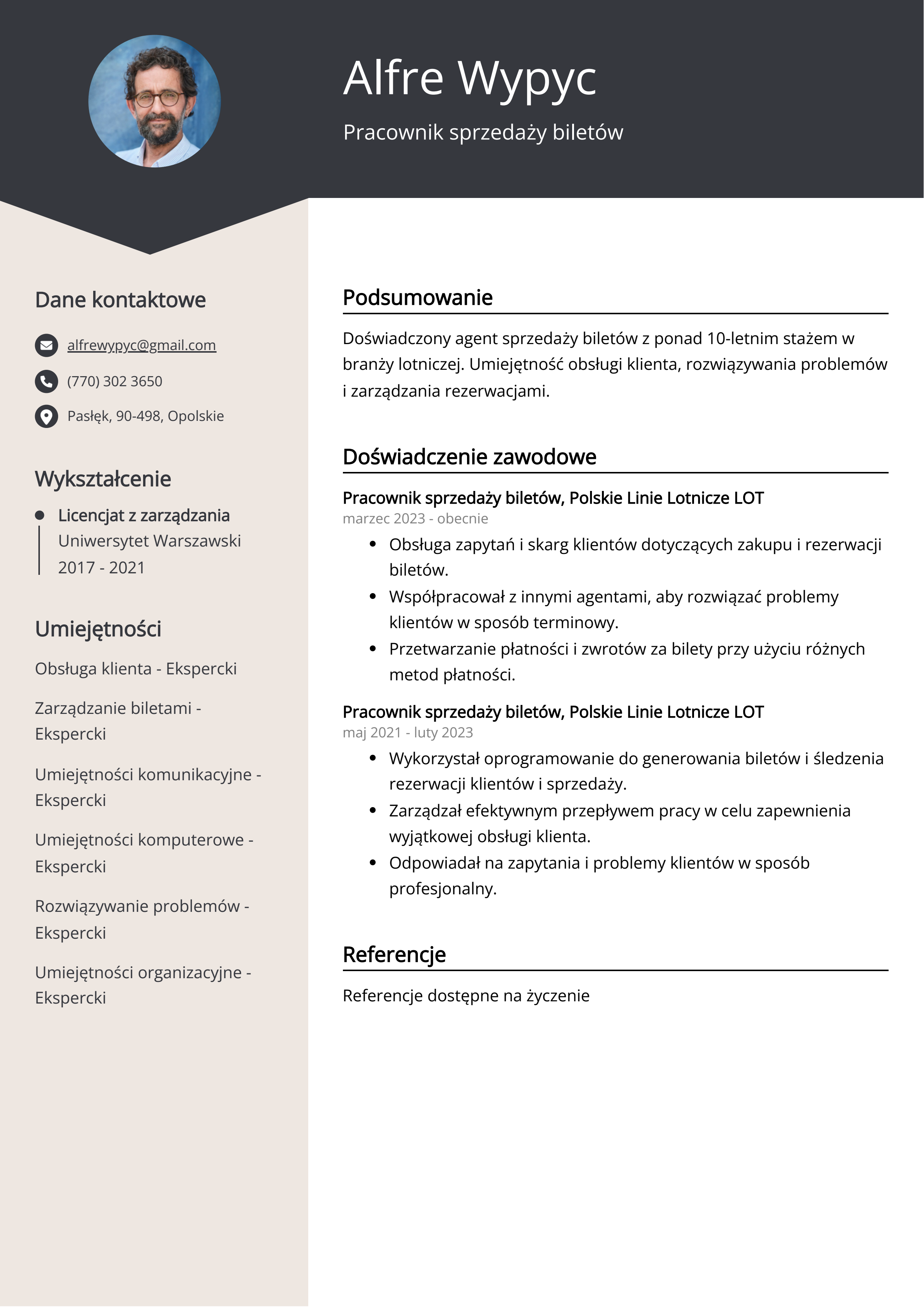 Pracownik sprzedaży biletów Przykład CV