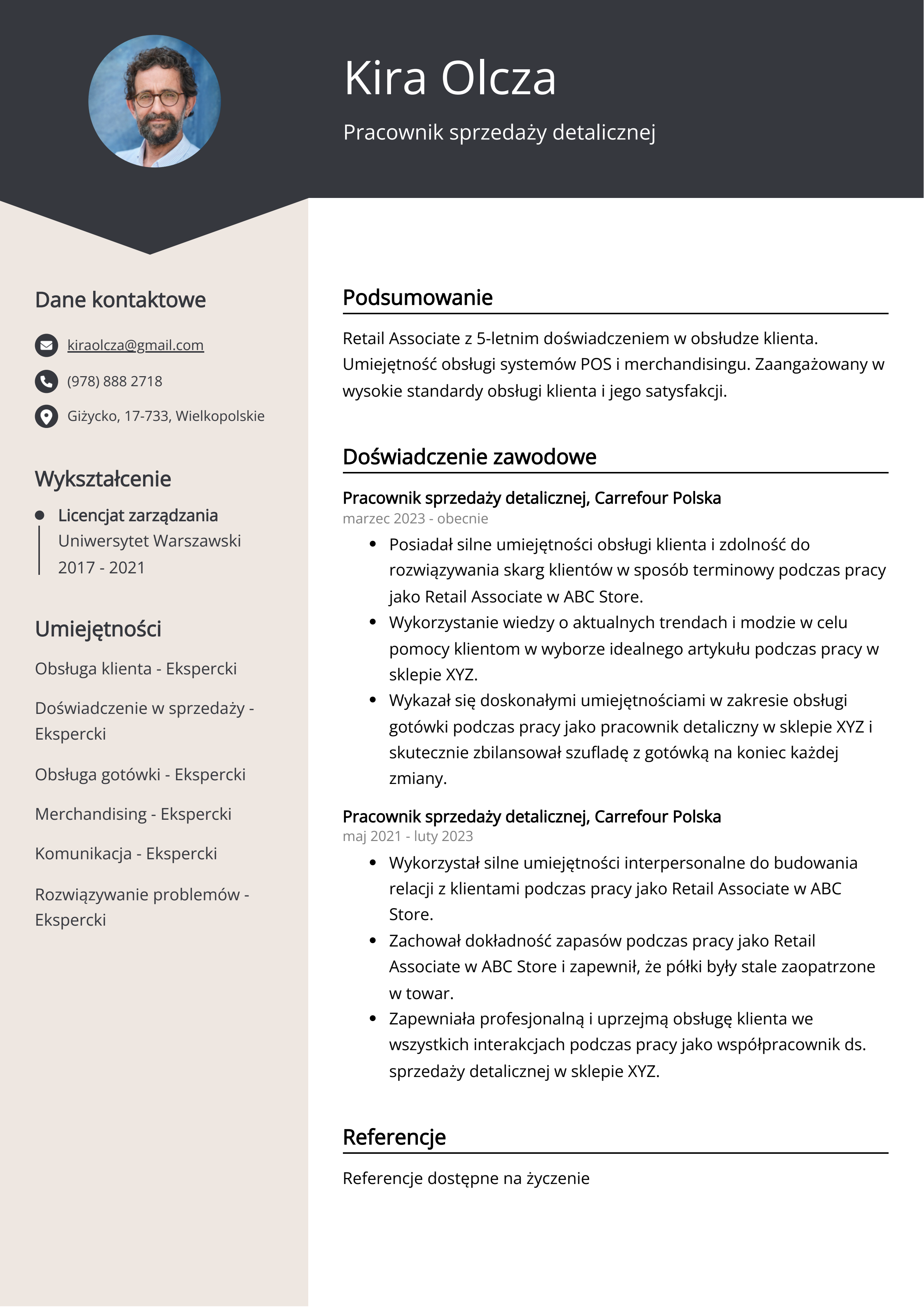 Pracownik sprzedaży detalicznej Przykład CV