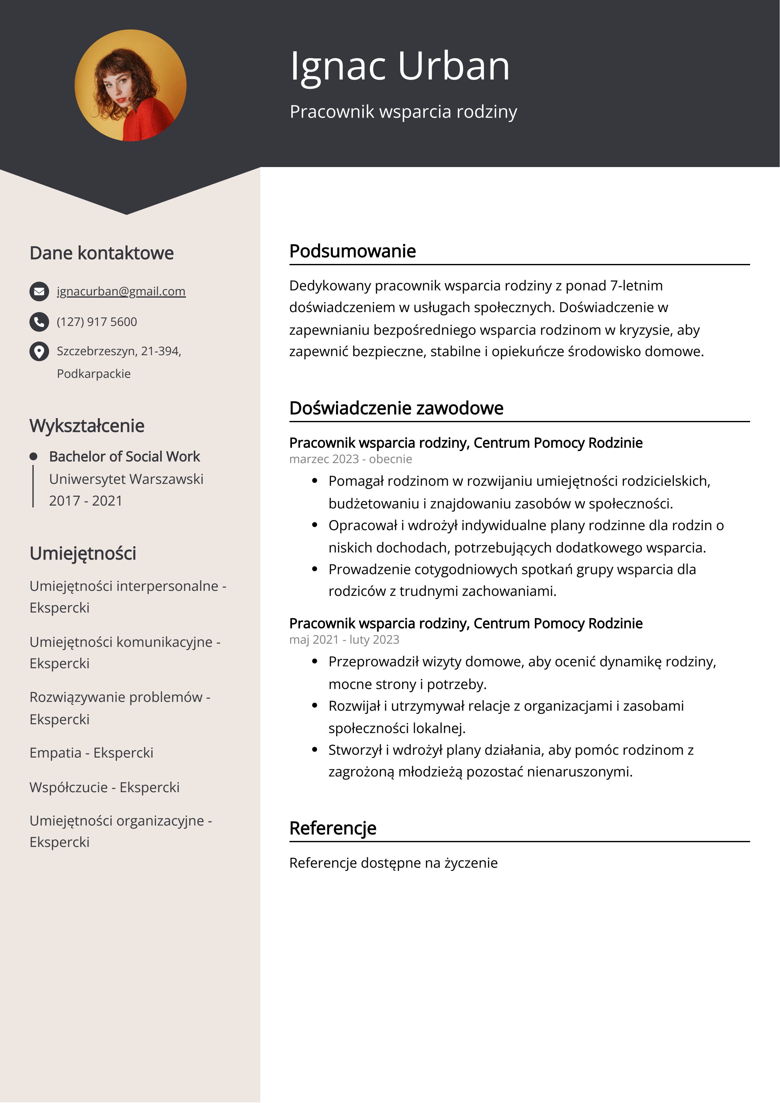 Pracownik wsparcia rodziny Przykład CV