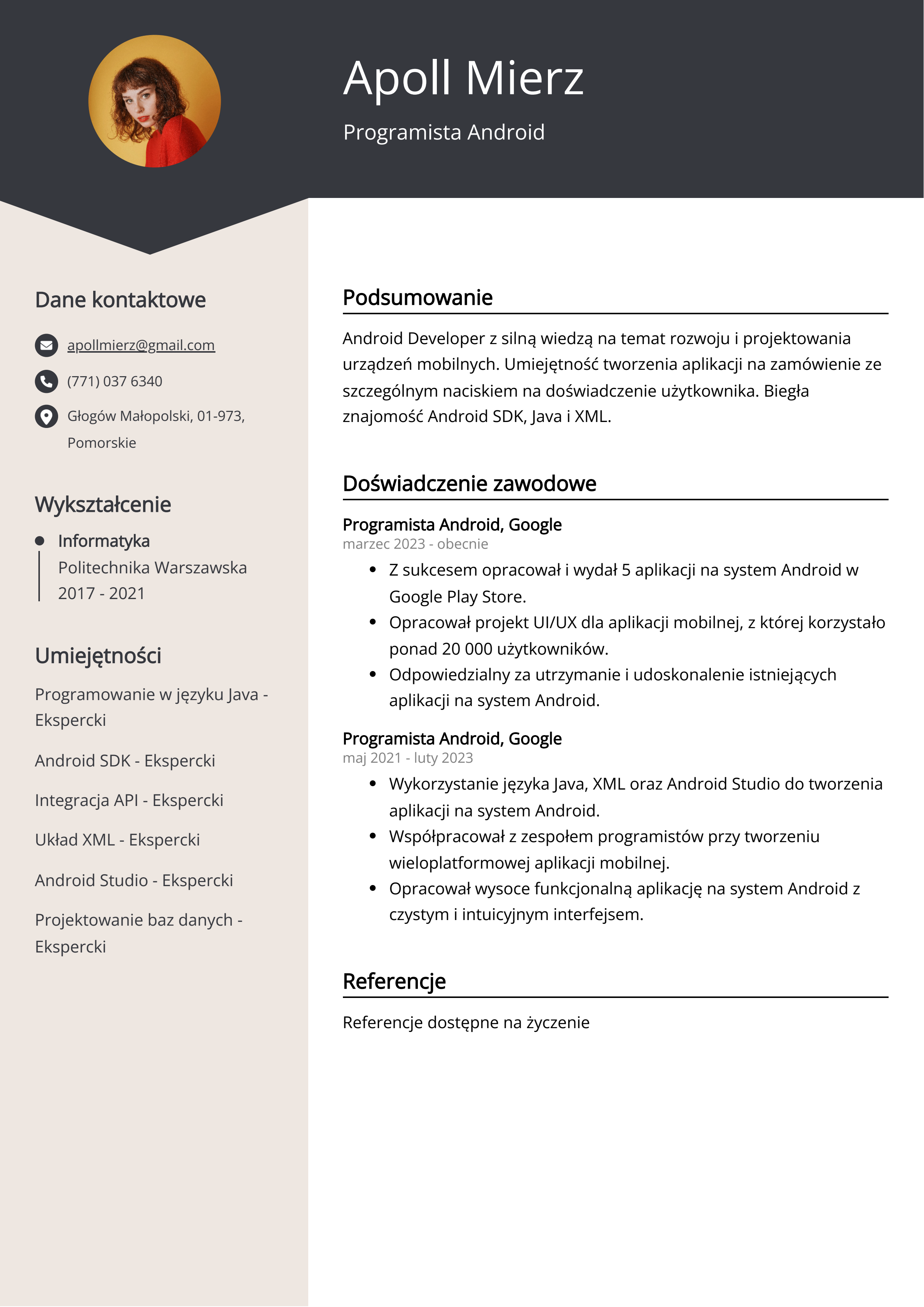 Przykład CV dla programisty Android