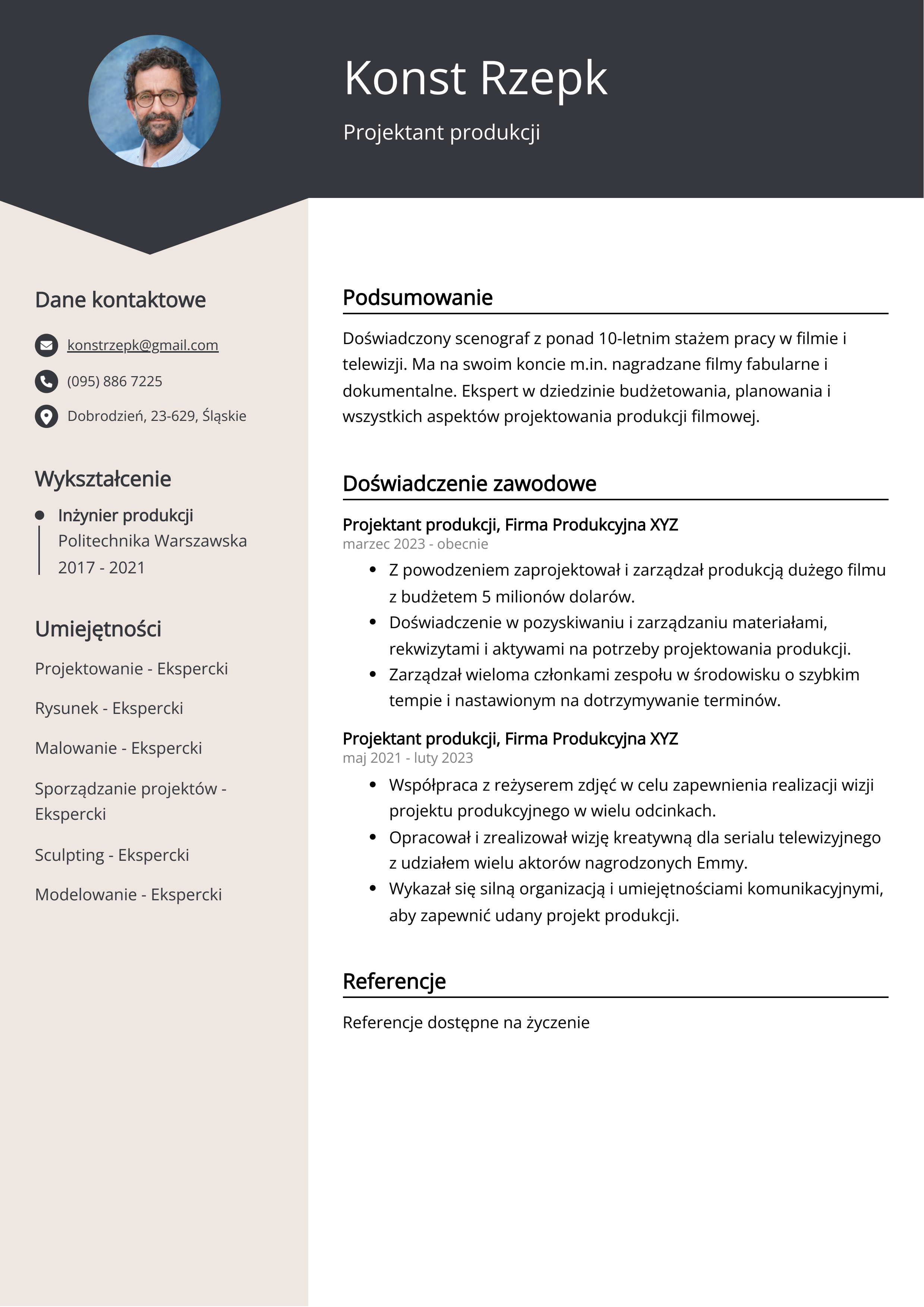 Projektant produkcji Przykład CV