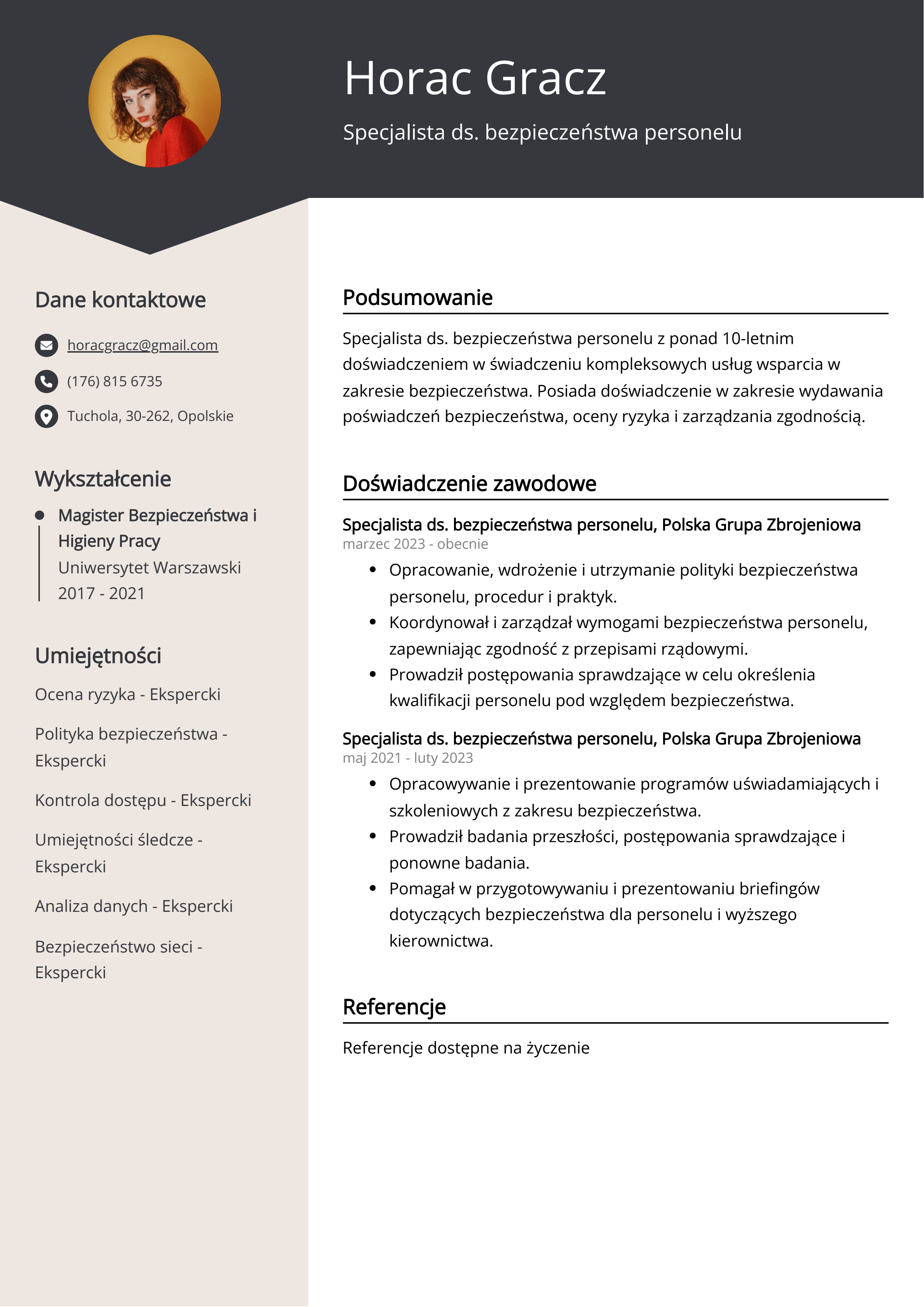 Specjalista ds. bezpieczeństwa personelu Przykład CV