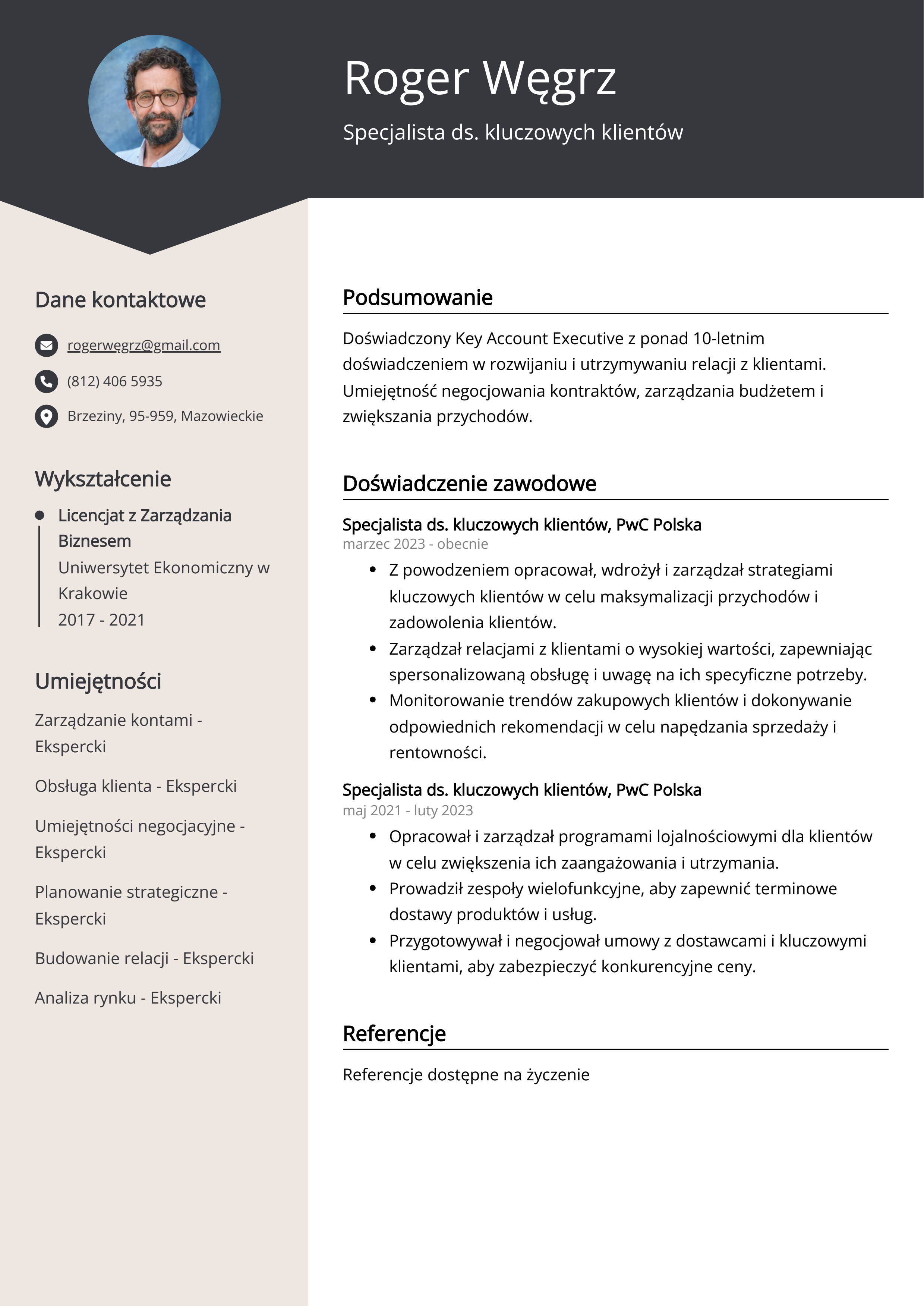 Specjalista ds. kluczowych klientów Przykład CV