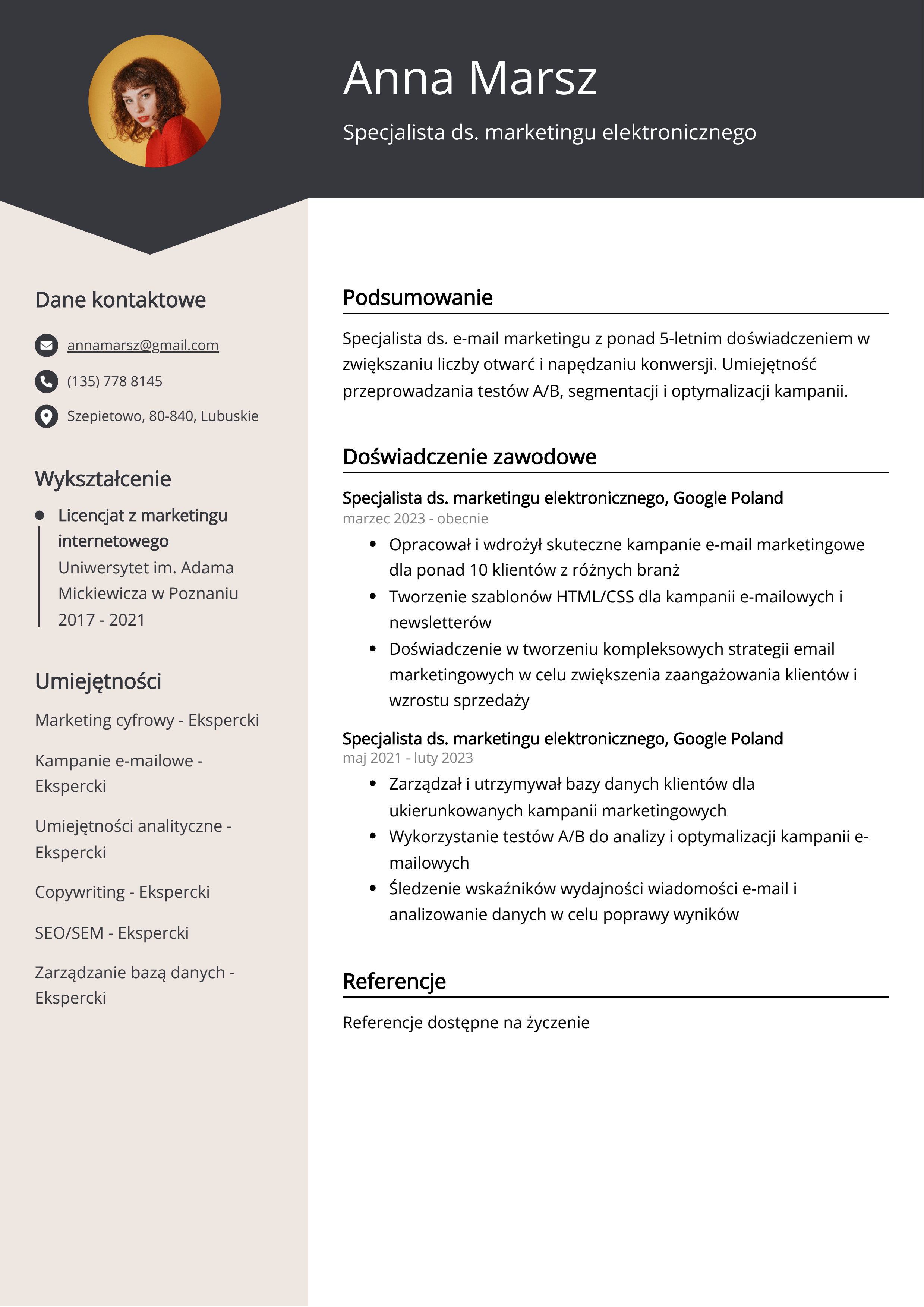 Specjalista ds. marketingu elektronicznego Przykład CV