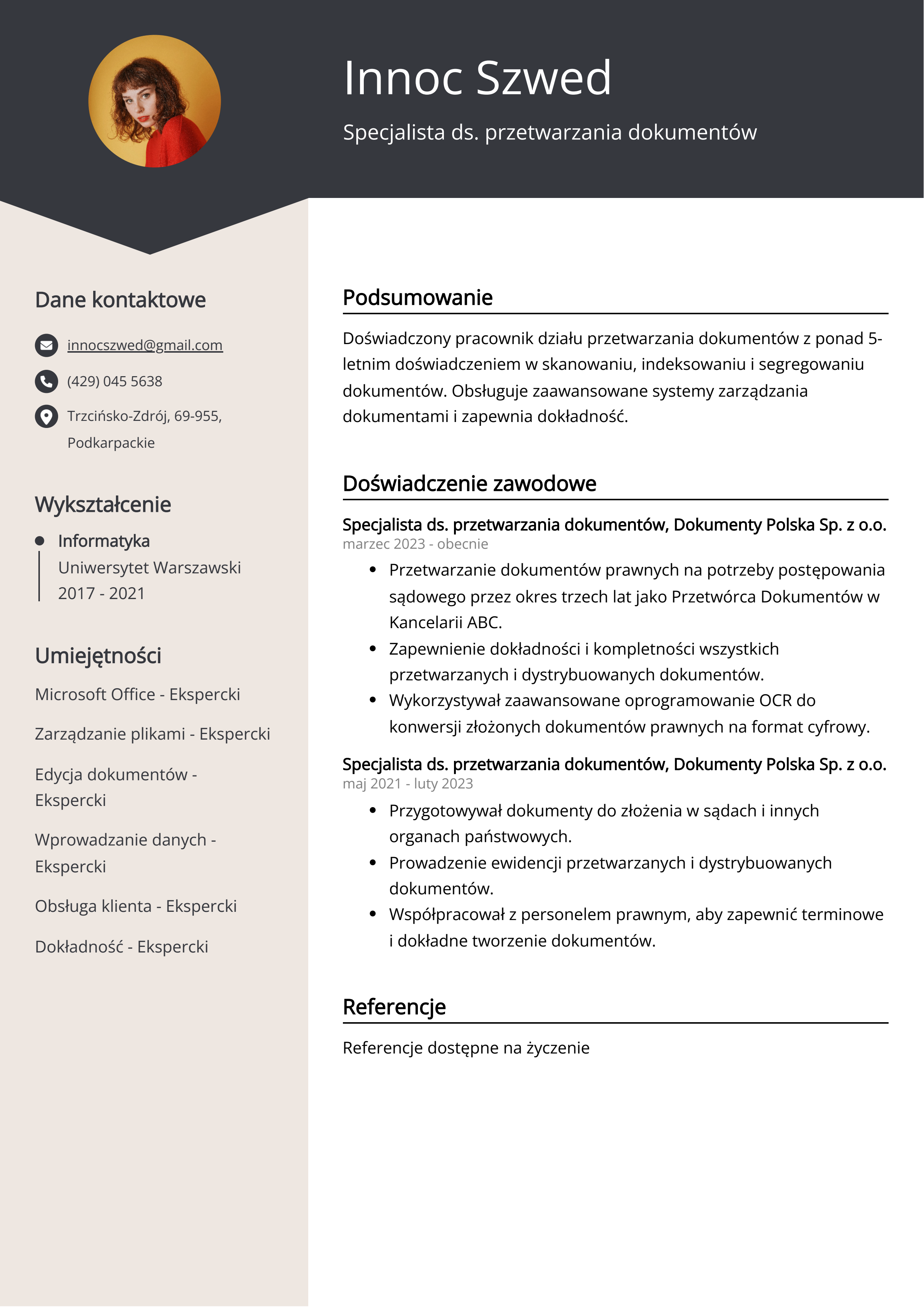 Specjalista ds. przetwarzania dokumentów Przykład CV