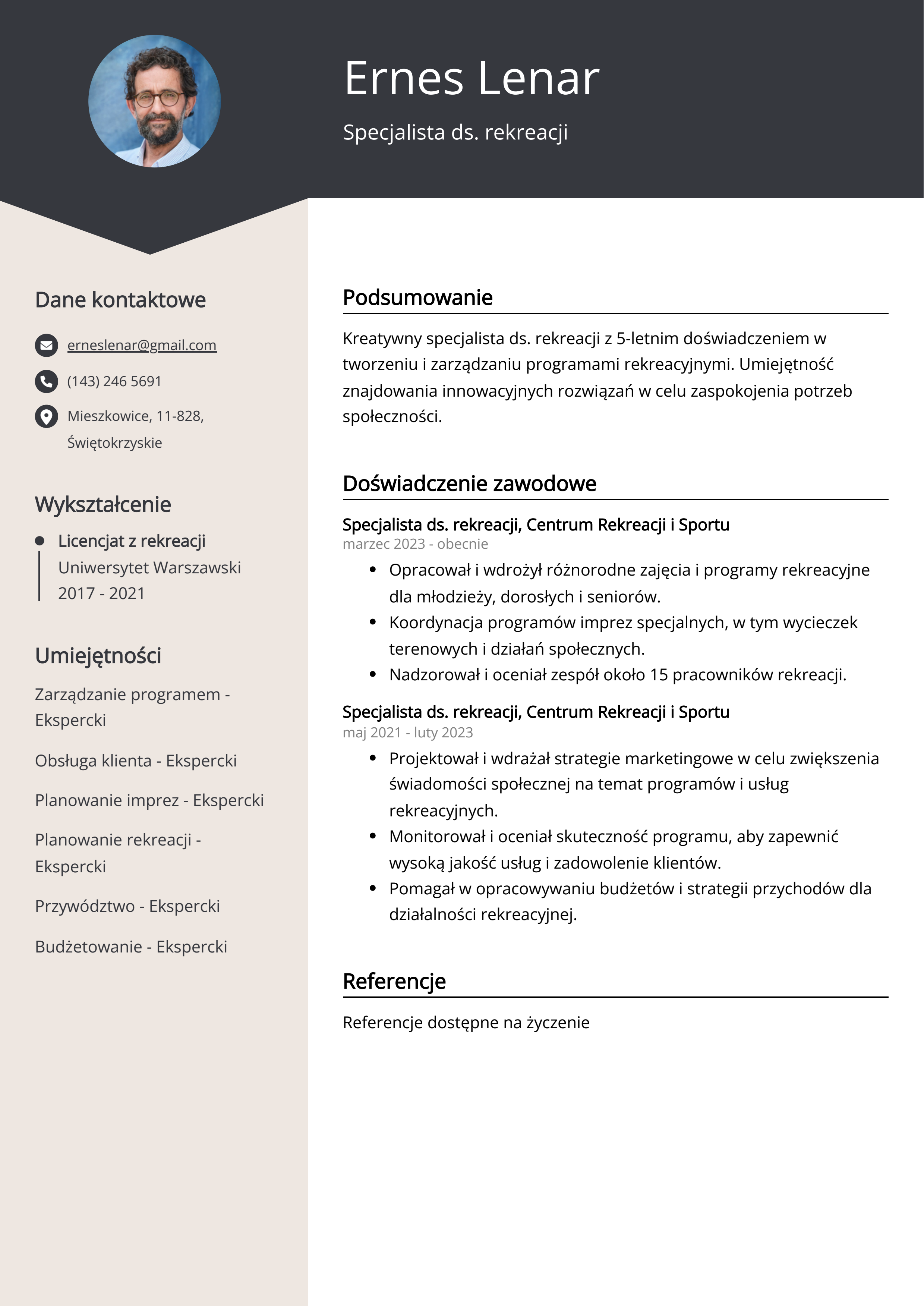 Specjalista ds. rekreacji Przykład CV