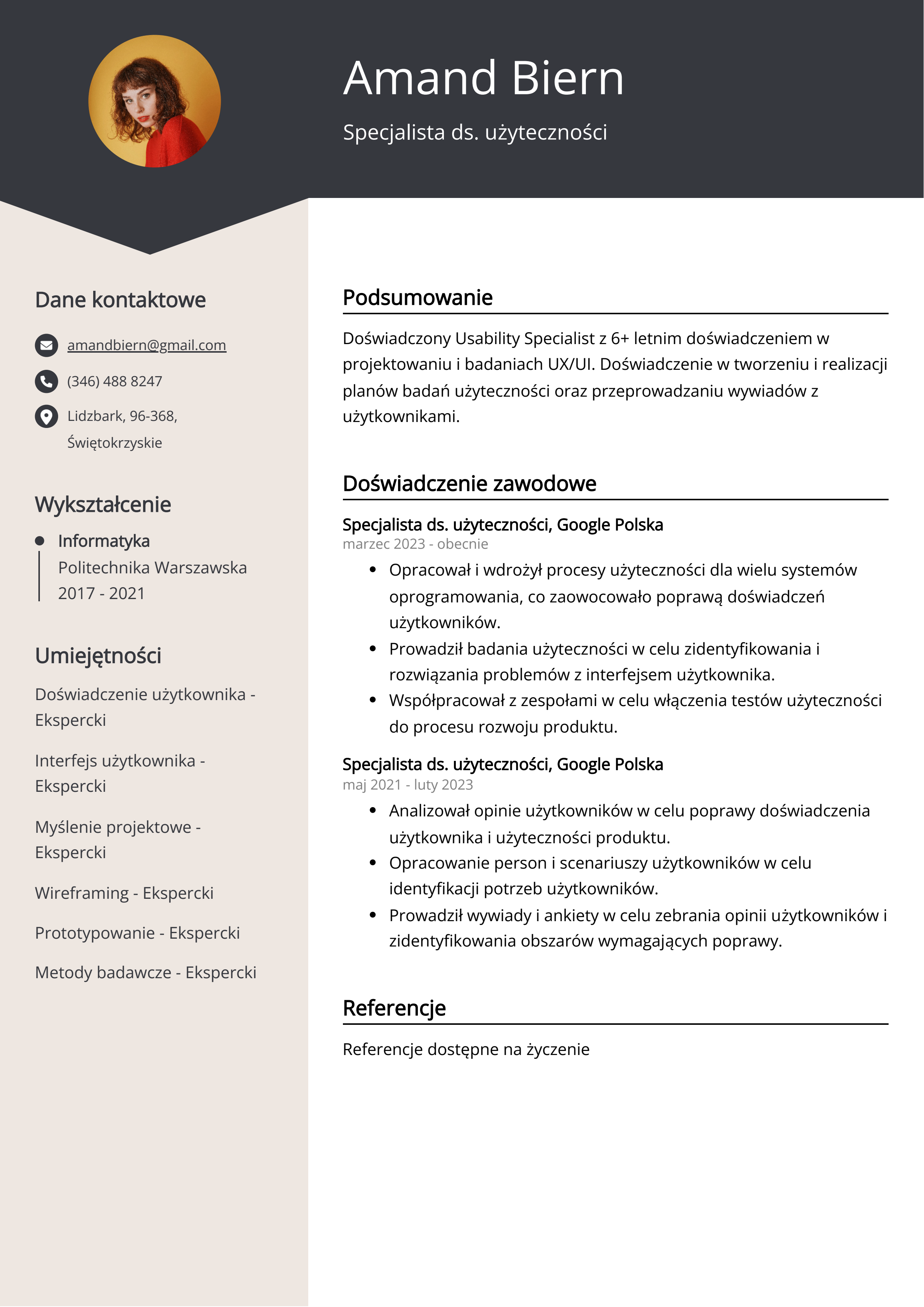 Specjalista ds. użyteczności Przykład CV