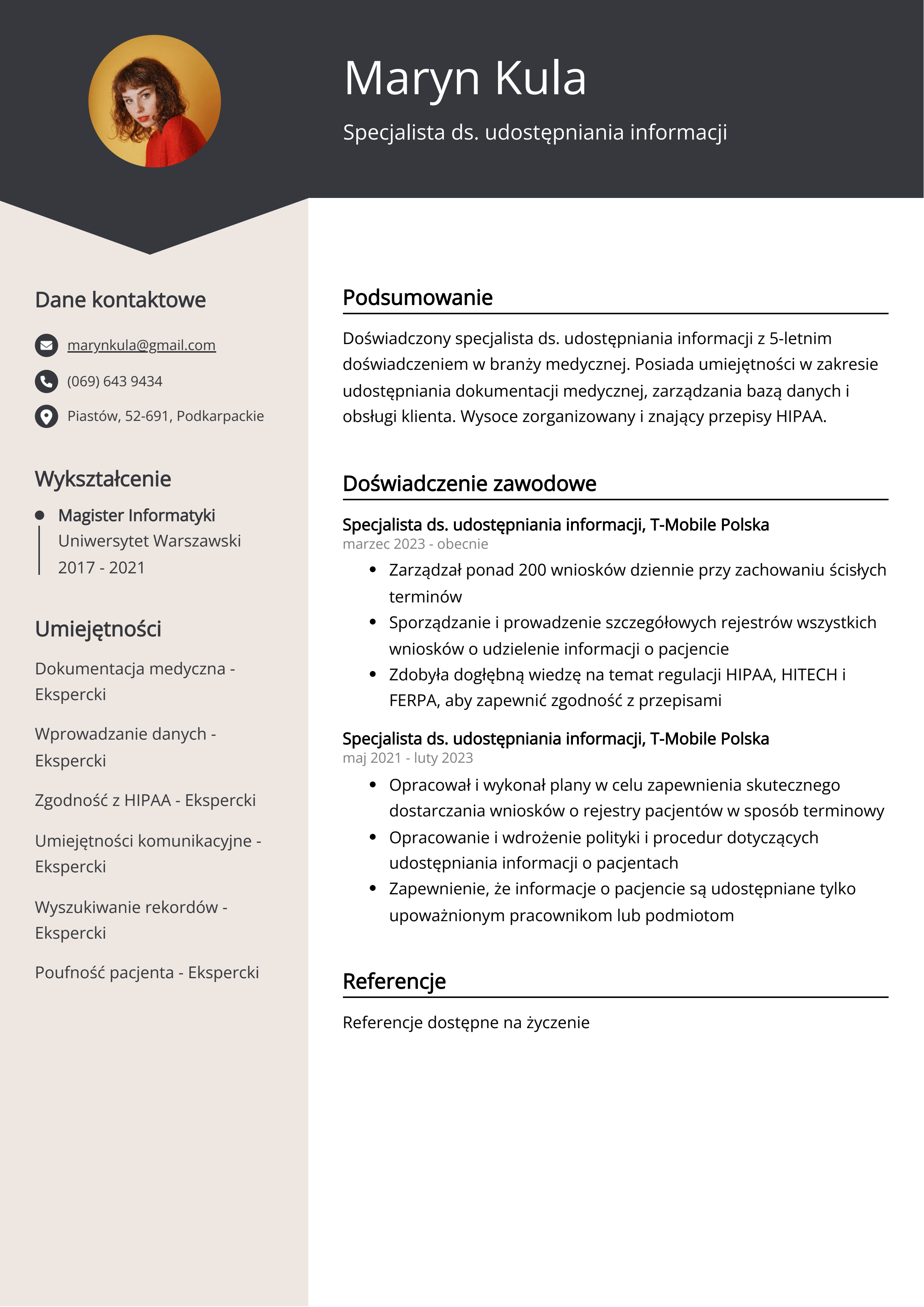 Specjalista ds. udostępniania informacji Przykład CV